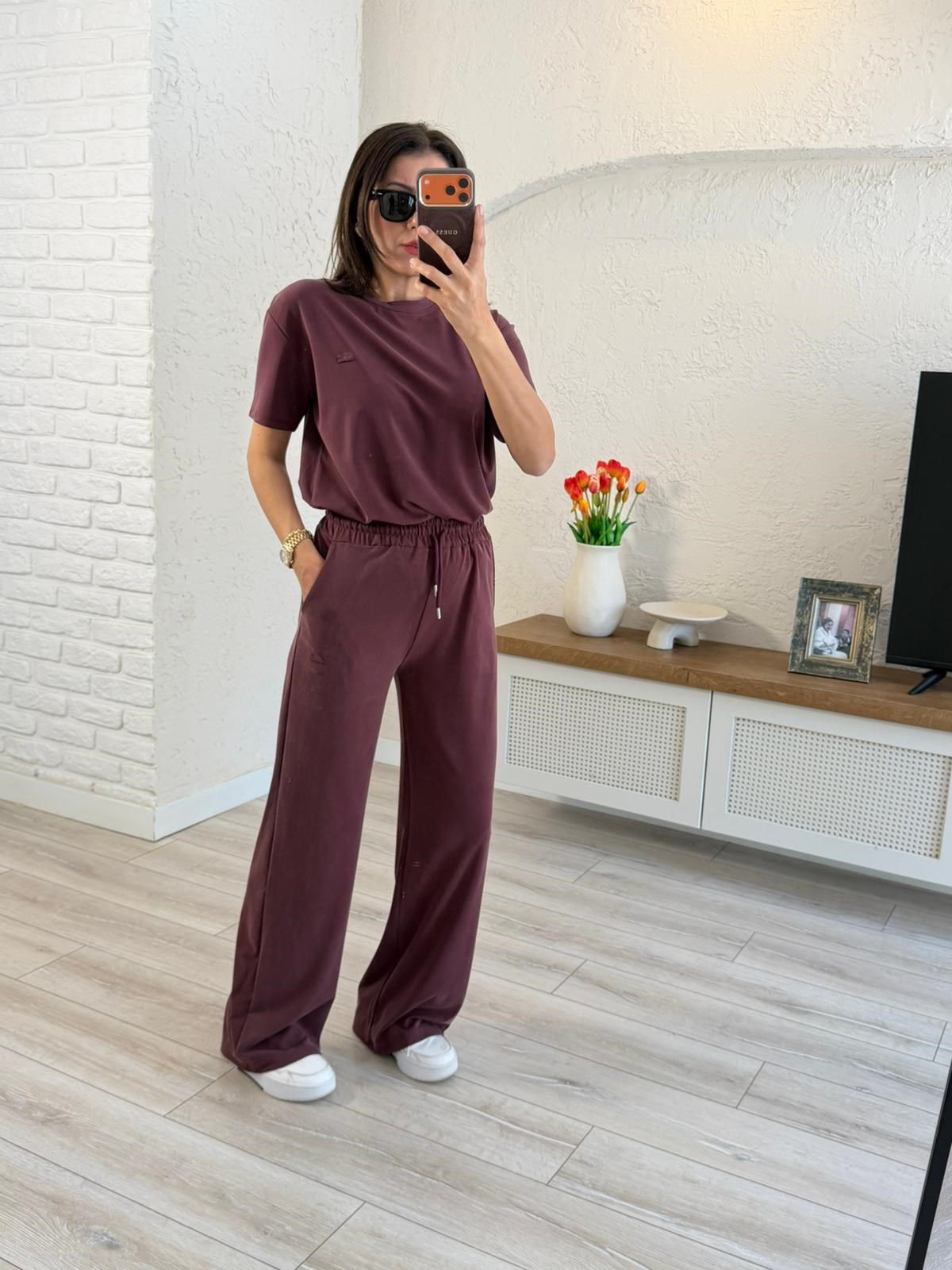 Lüx Kalite Bisiklet Yaka Palazzo Pantalonlu Takım Mürdüm