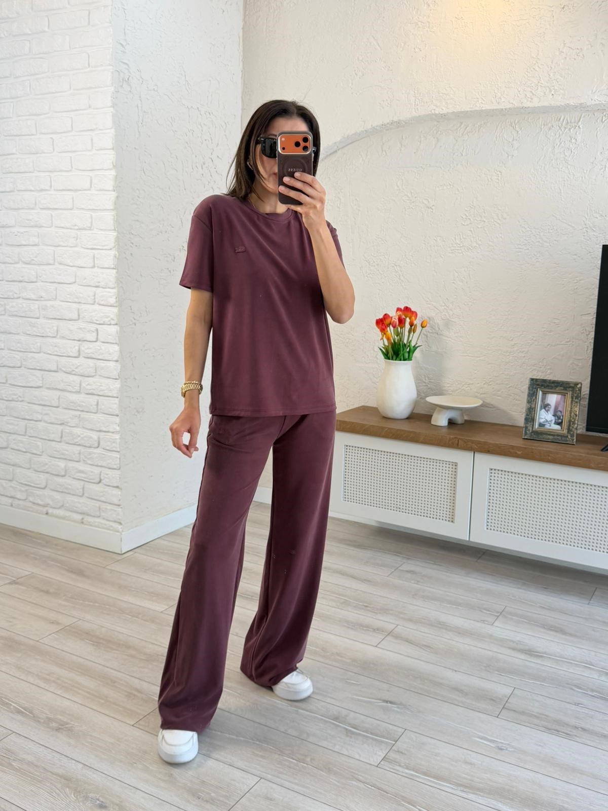 Lüx Kalite Bisiklet Yaka Palazzo Pantalonlu Takım Mürdüm