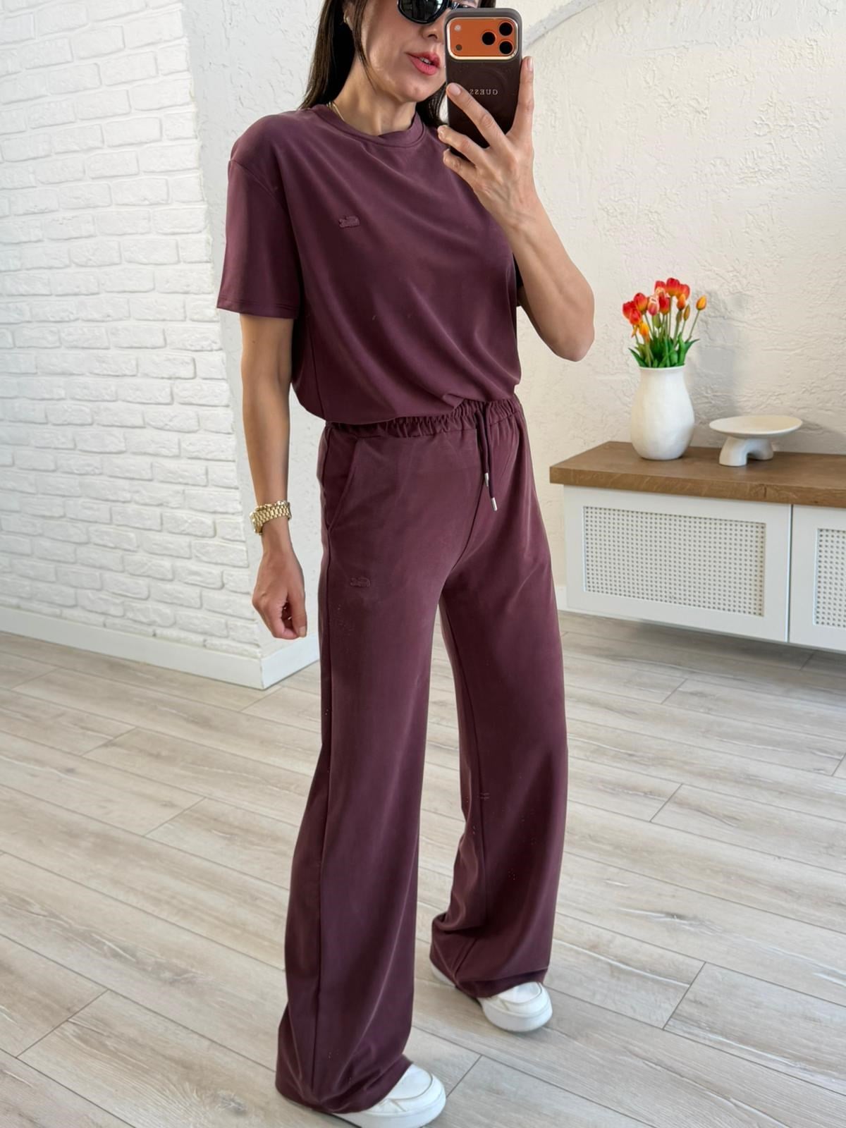 Lüx Kalite Bisiklet Yaka Palazzo Pantalonlu Takım Mürdüm