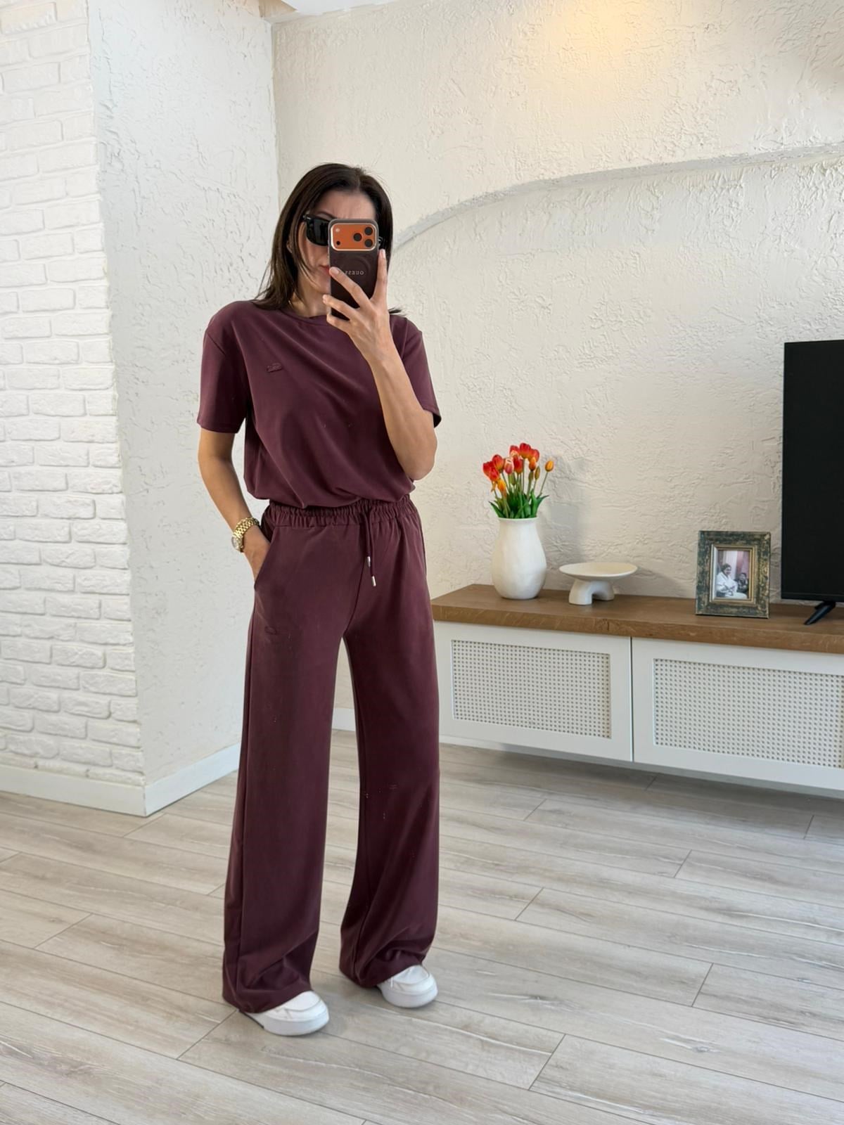 Lüx Kalite Bisiklet Yaka Palazzo Pantalonlu Takım Mürdüm