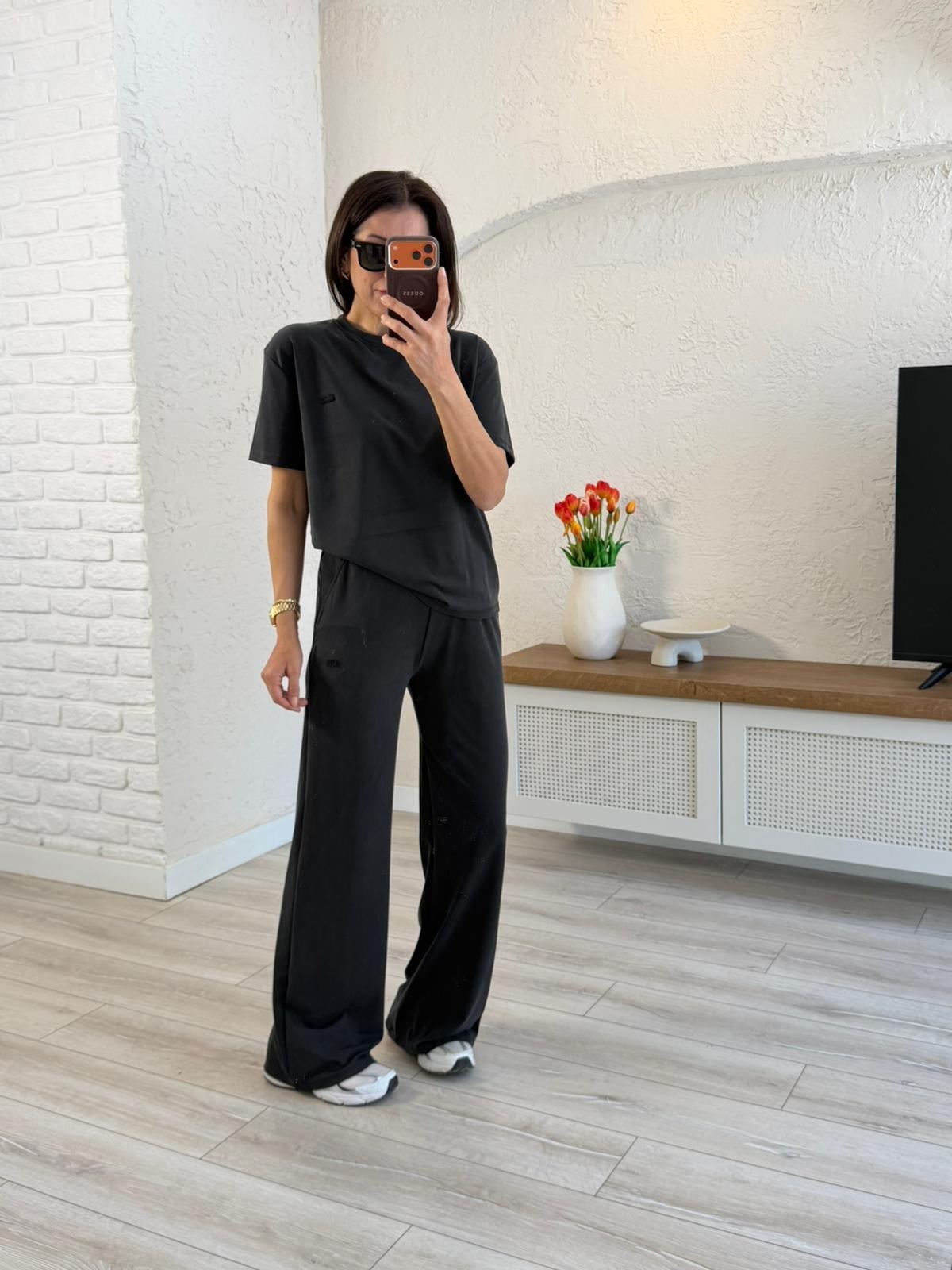 Lüx Kalite Bisiklet Yaka Palazzo Pantalonlu Takım Siyah 