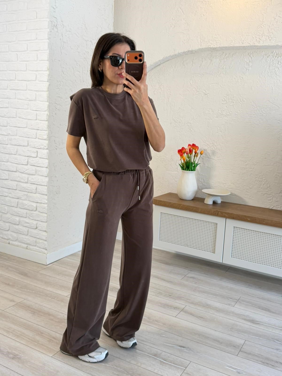 Lüx Kalite Bisiklet Yaka Palazzo Pantalonlu Takım Kahve 