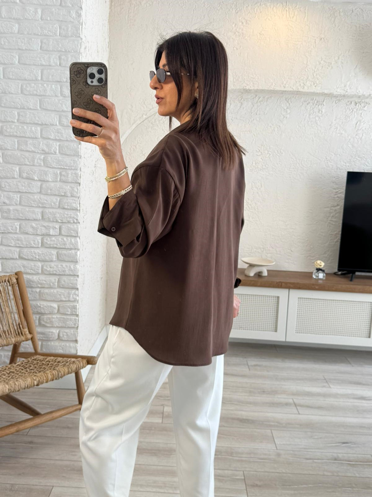 Lüx Kalite Tensel Kumaş Nakışlı V Yaka Gömlek Kahve