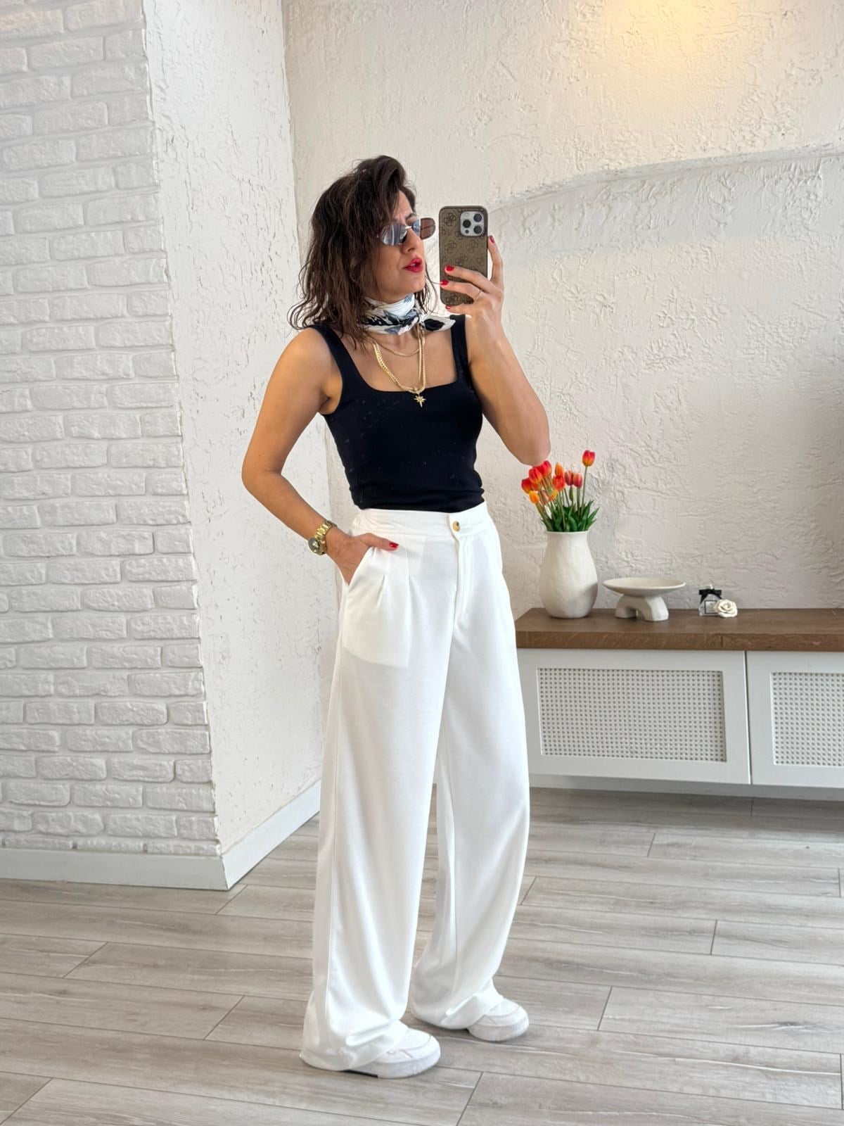 Lüx Modal Kumaş Arka Bel Lastikli Palazzo Ekru