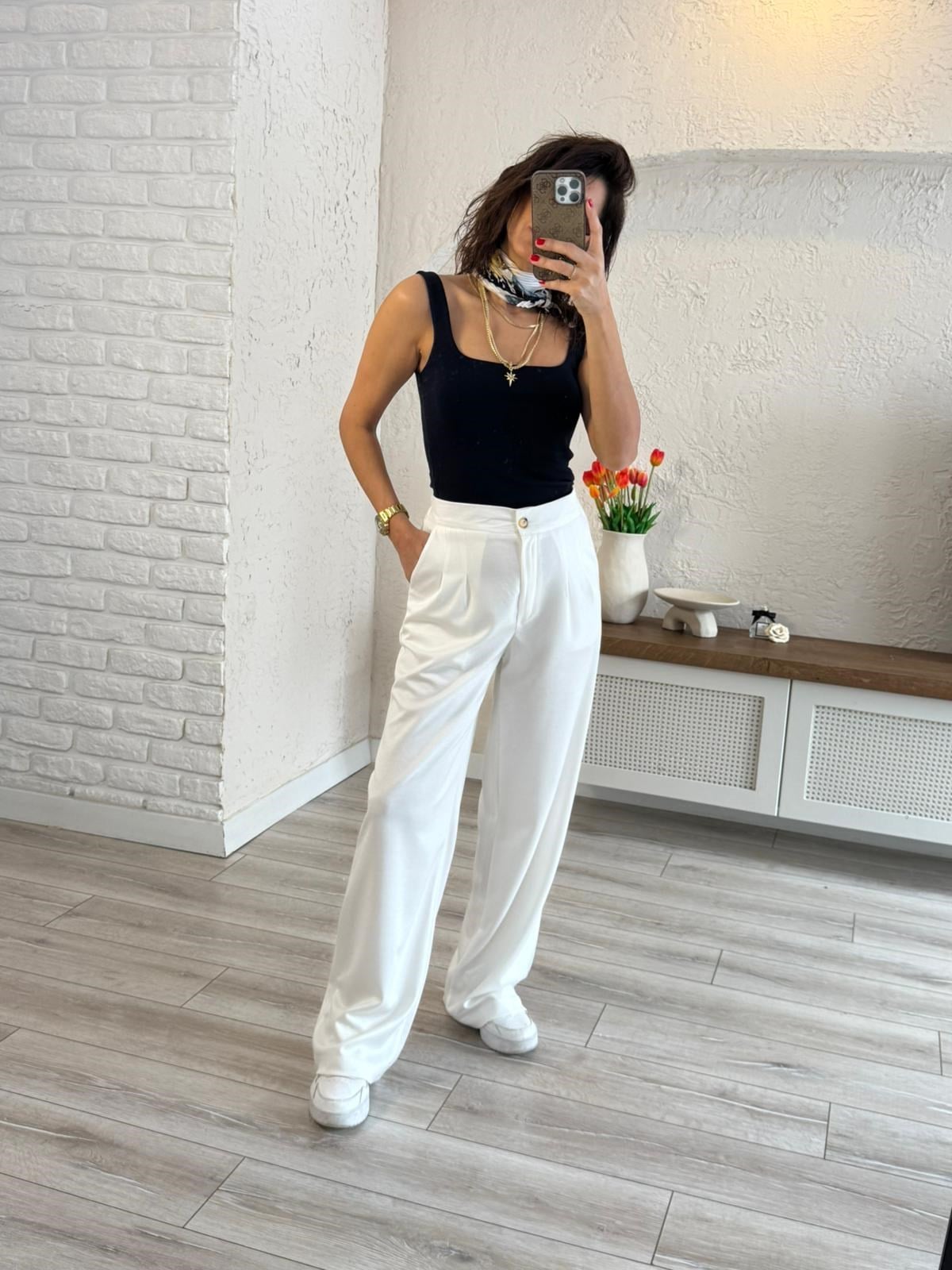 Lüx Modal Kumaş Arka Bel Lastikli Palazzo Ekru