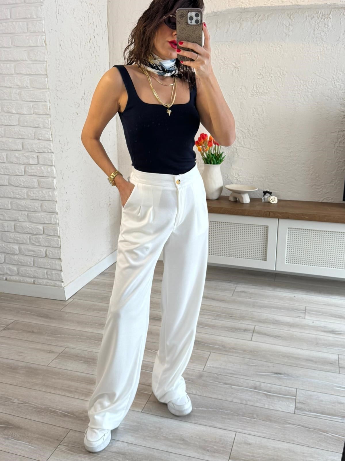 Lüx Modal Kumaş Arka Bel Lastikli Palazzo Ekru