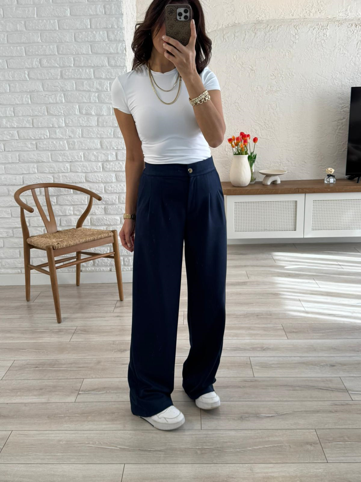 Lüx Modal Kumaş Arka Bel Lastikli Palazzo Lacivert