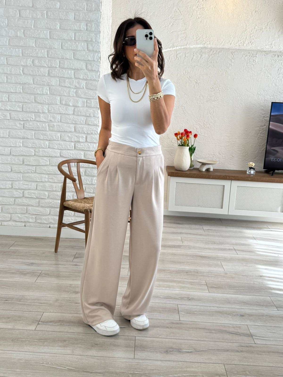 Lüx Modal Kumaş Arka Bel Lastikli Palazzo Bej