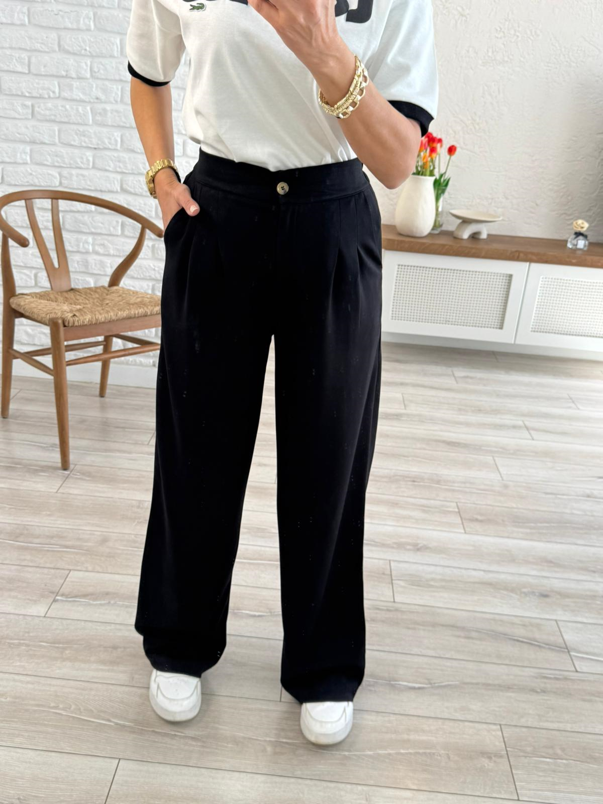 Lüx Modal Kumaş Arka Bel Lastikli Palazzo Siyah