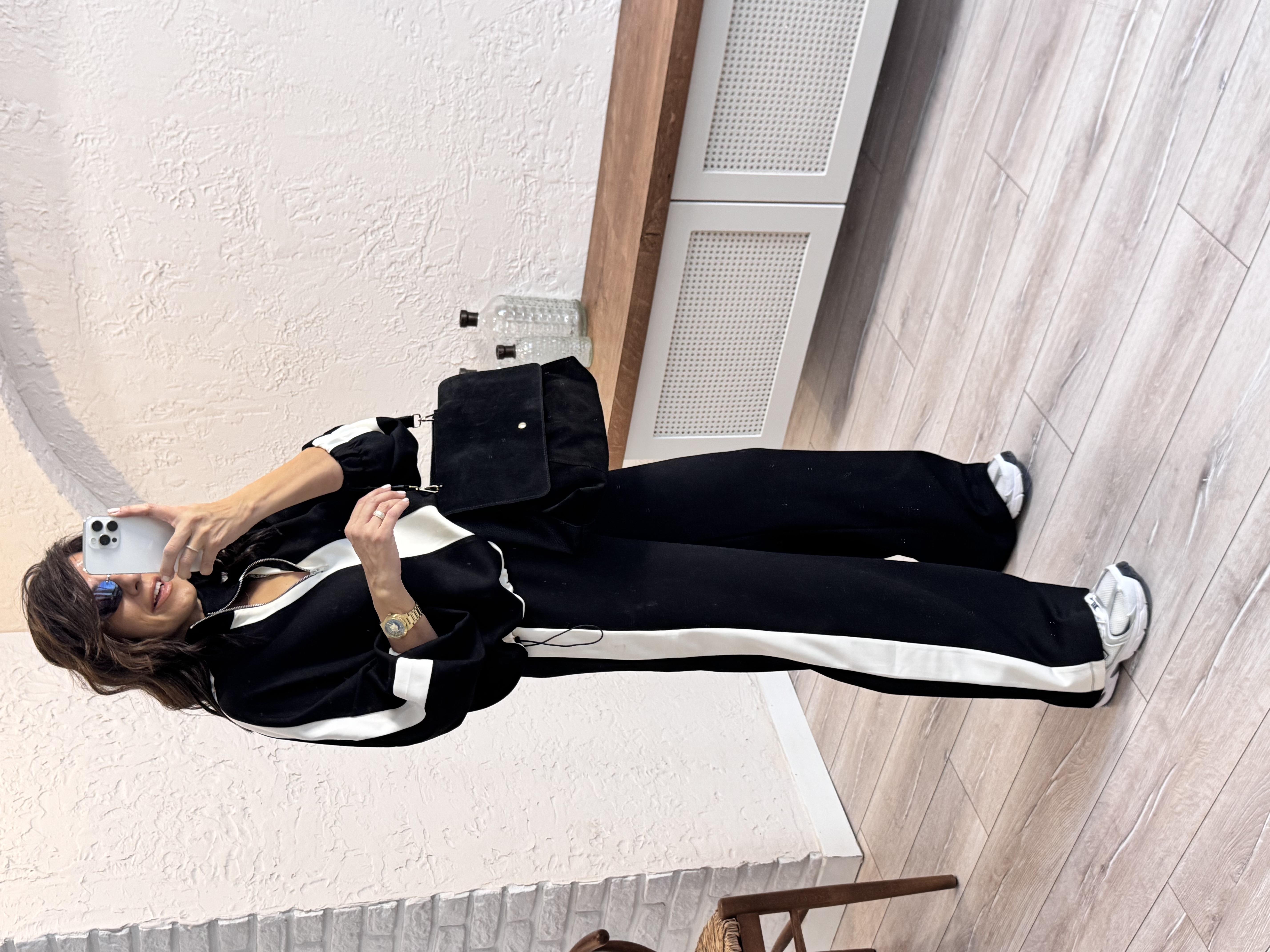 Lüx Modal Şeritli Fermuarlı Takım Siyah