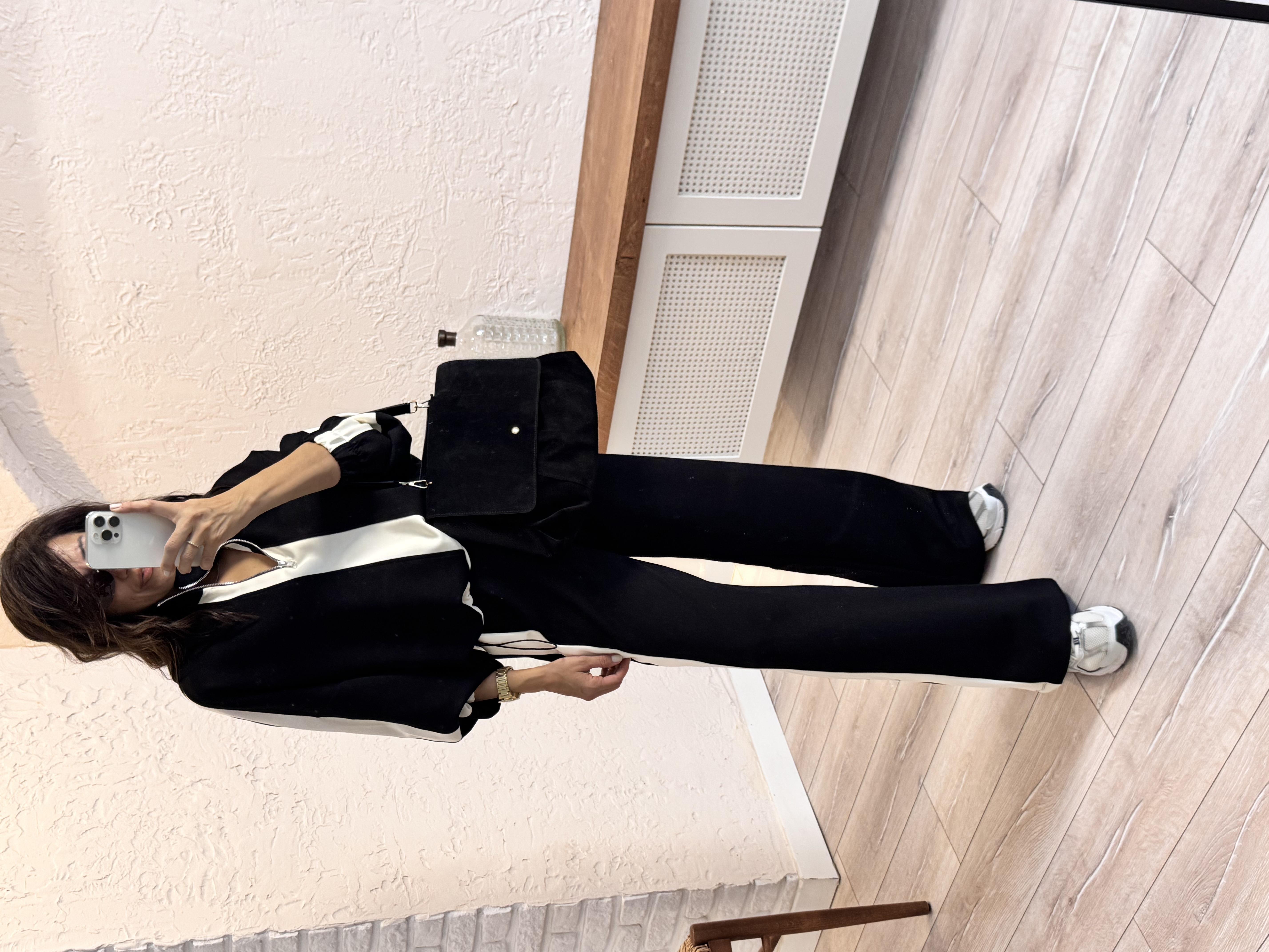 Lüx Modal Şeritli Fermuarlı Takım Siyah