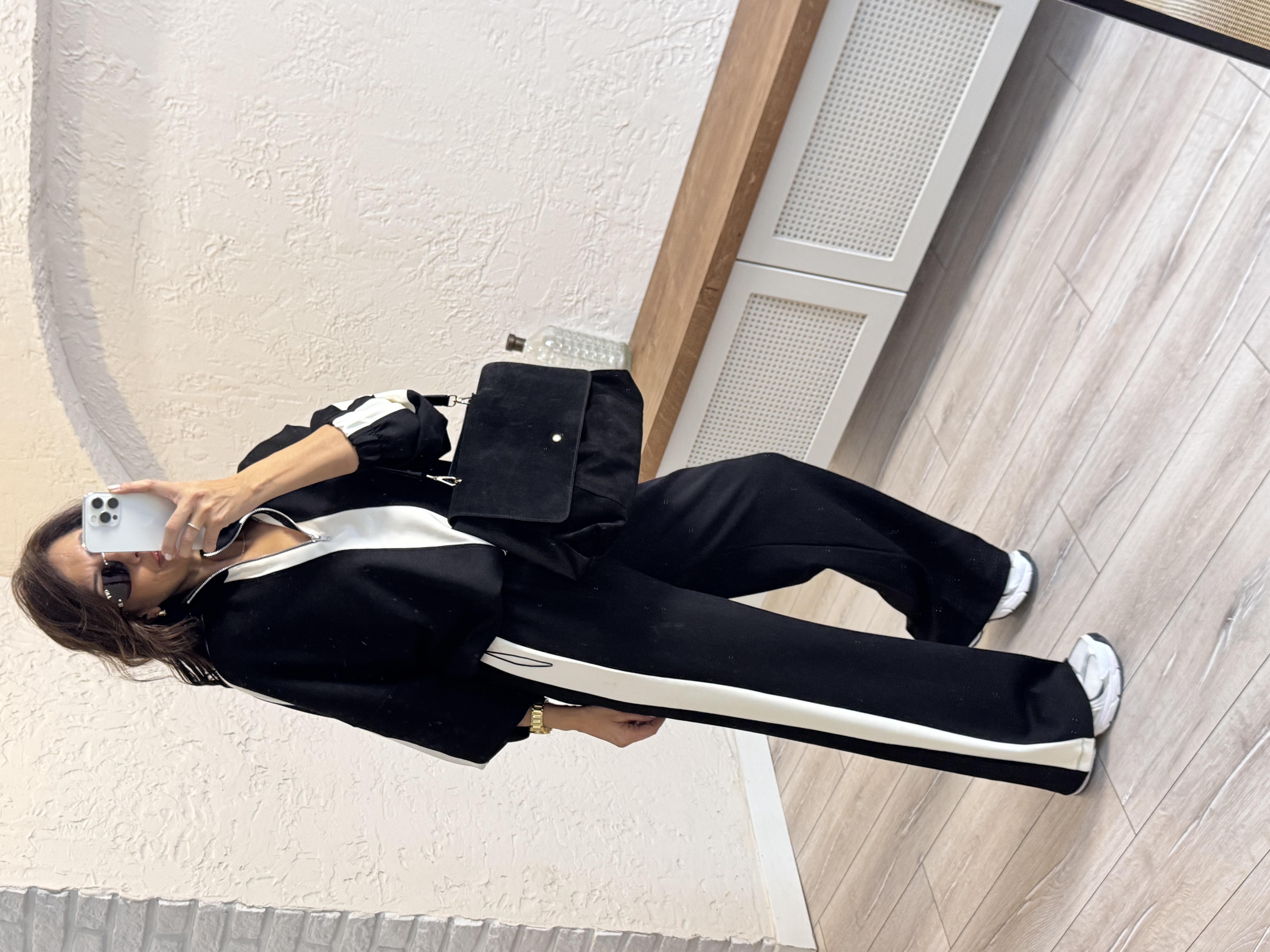 Lüx Modal Şeritli Fermuarlı Takım Siyah