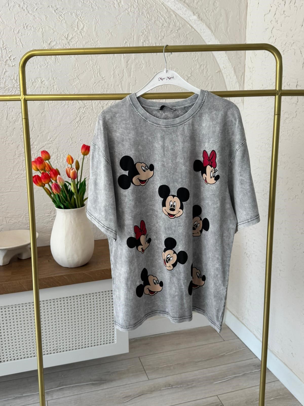 Miki Mini Baskılı Oversize Tişört Gri 