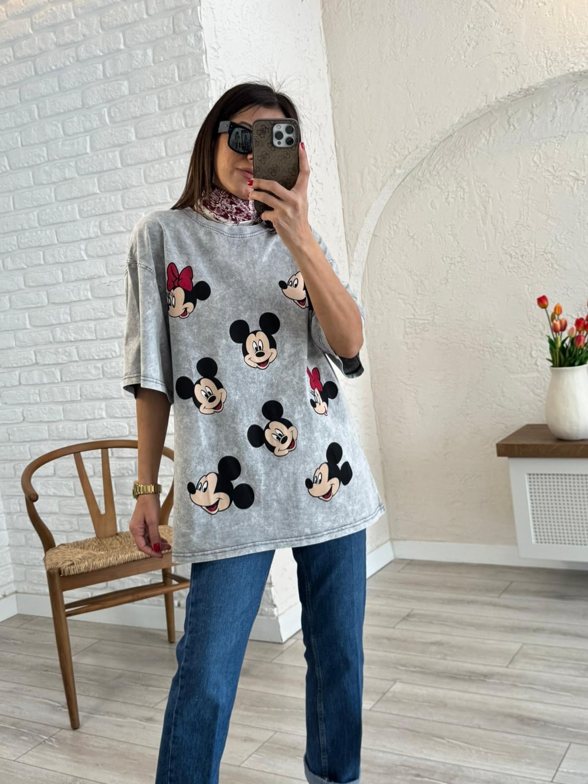 Miki Mini Baskılı Oversize Tişört Gri 