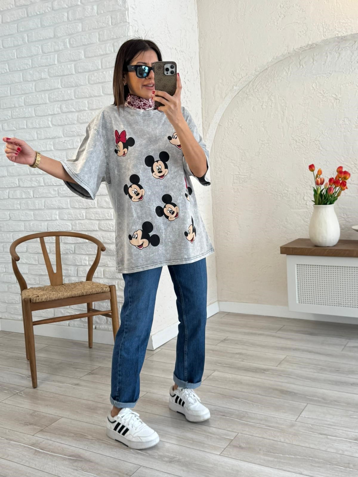 Miki Mini Baskılı Oversize Tişört Gri 