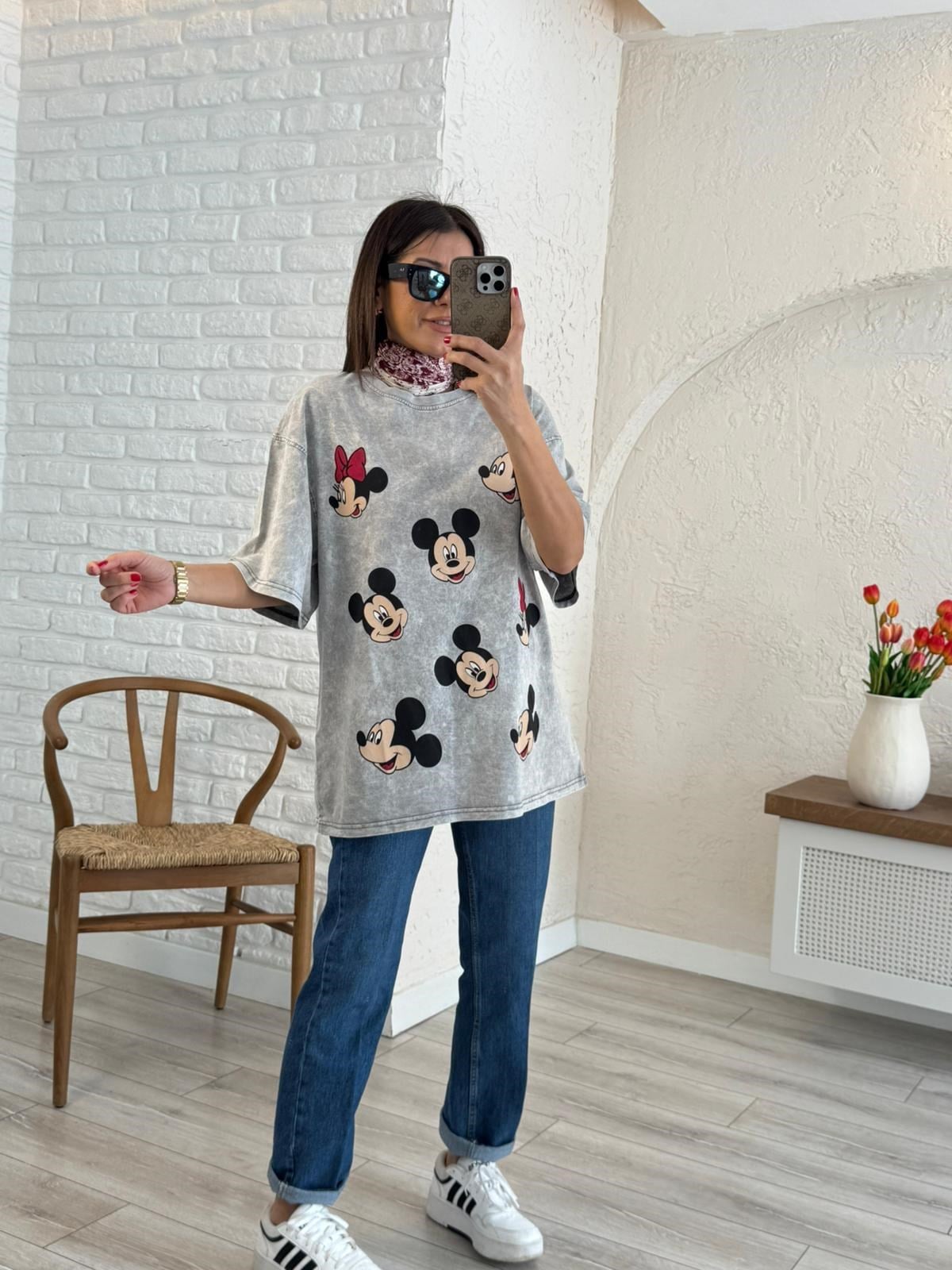 Miki Mini Baskılı Oversize Tişört Gri 