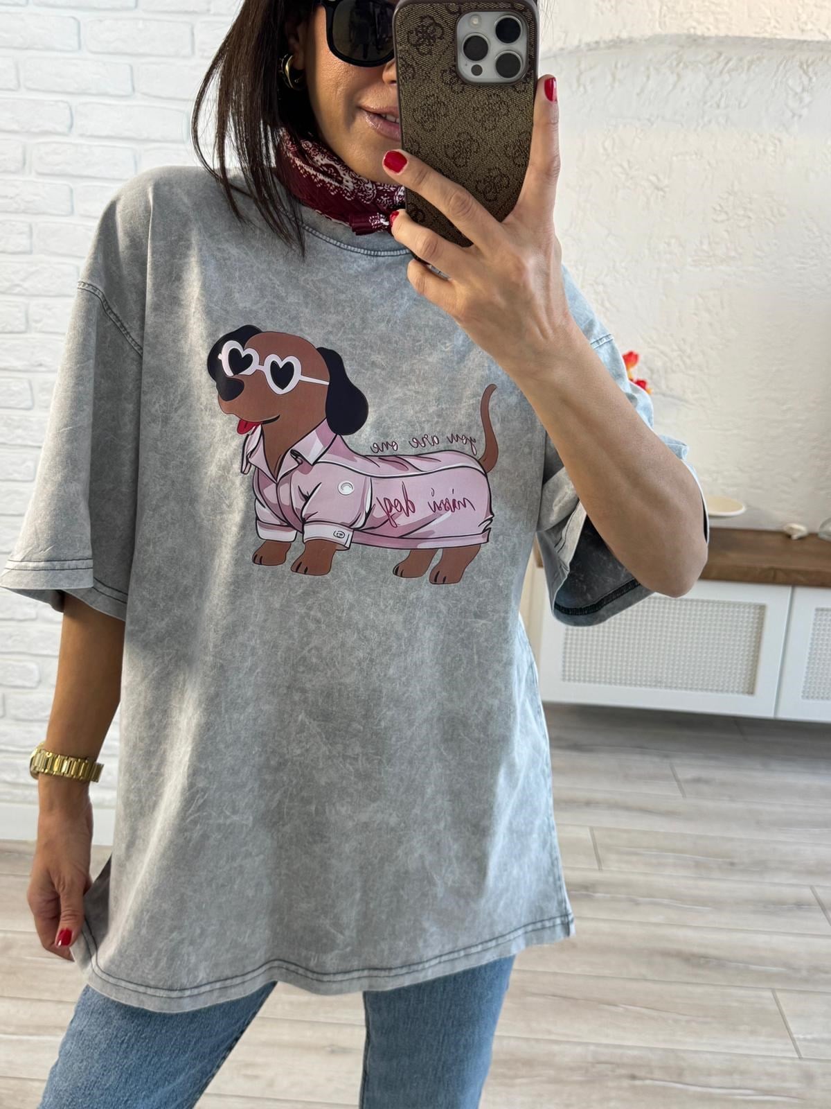 Mini Dog Baskılı Oversize Tişört Gri