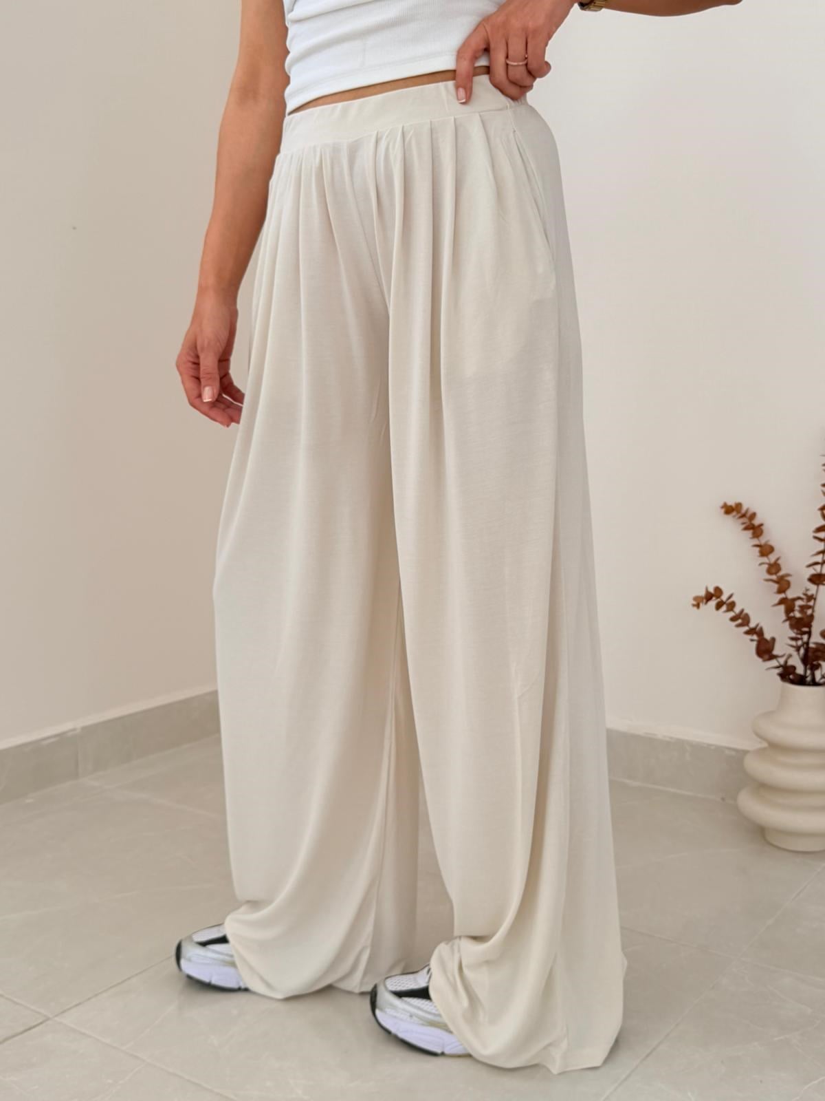 Modal Kumaş Pileli Geniş Paça Pantolon Eskitme Taş