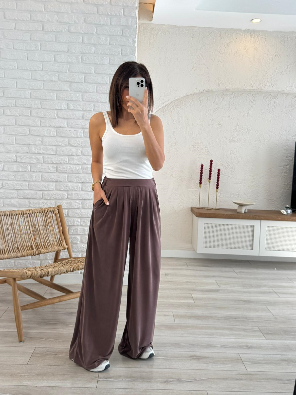 Modal Kumaş Pileli Geniş Paça Pantolon Eskitme Kahve