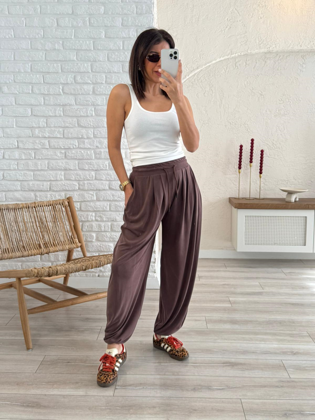 Modal Şalvar Pantolon Eskitme Kahverengi 