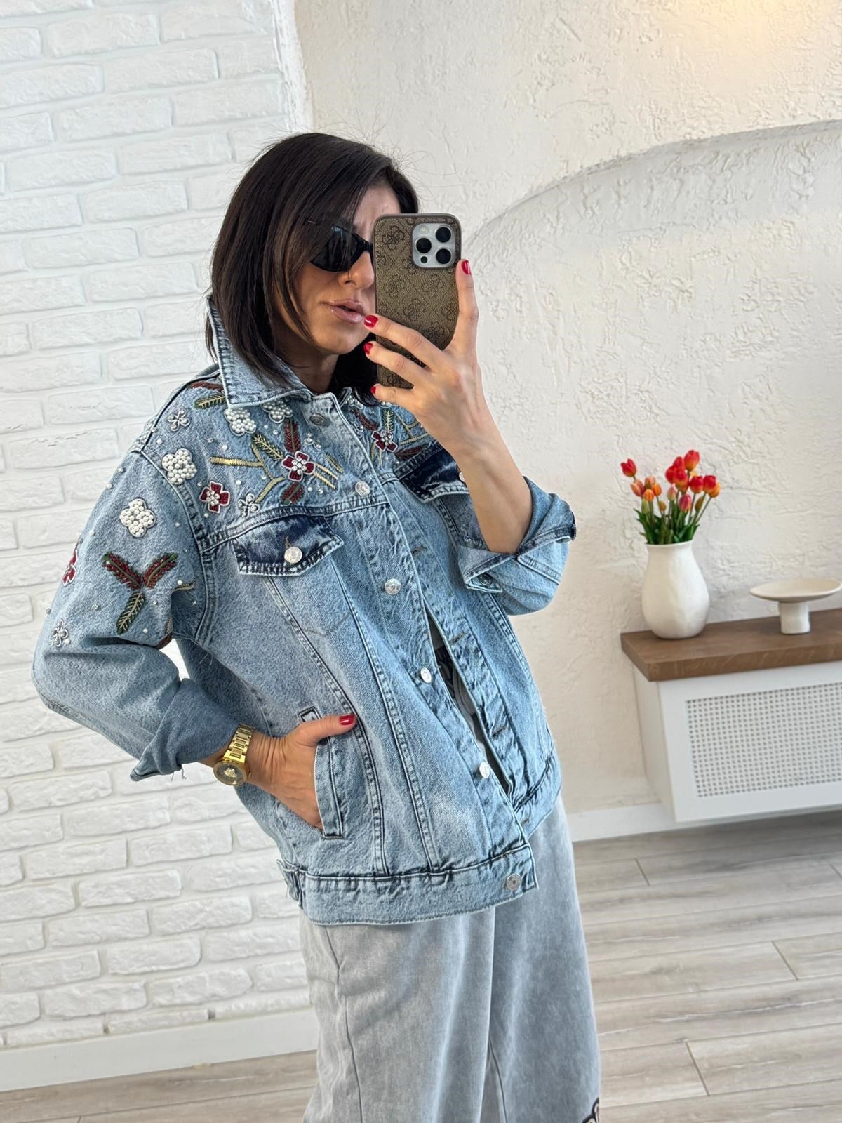 Nakış Ve İnci Detaylı Oversize Kot Ceket