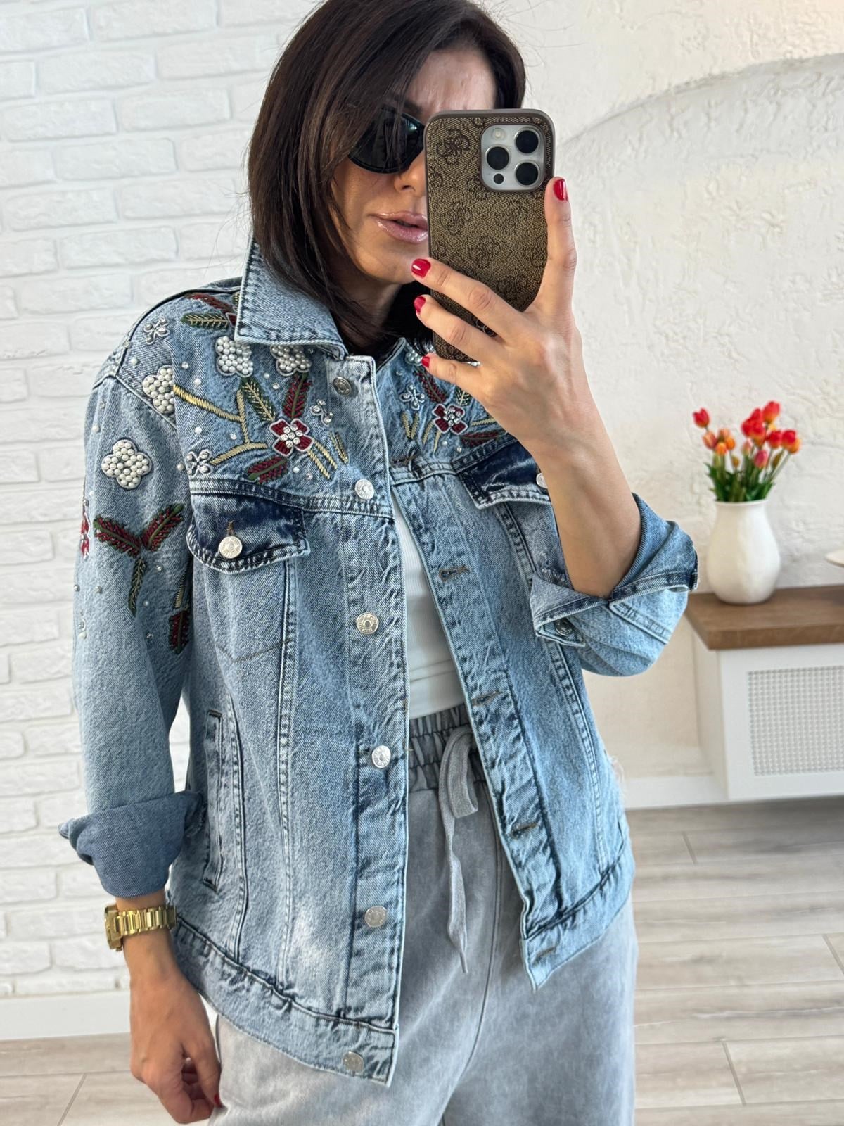 Nakış Ve İnci Detaylı Oversize Kot Ceket