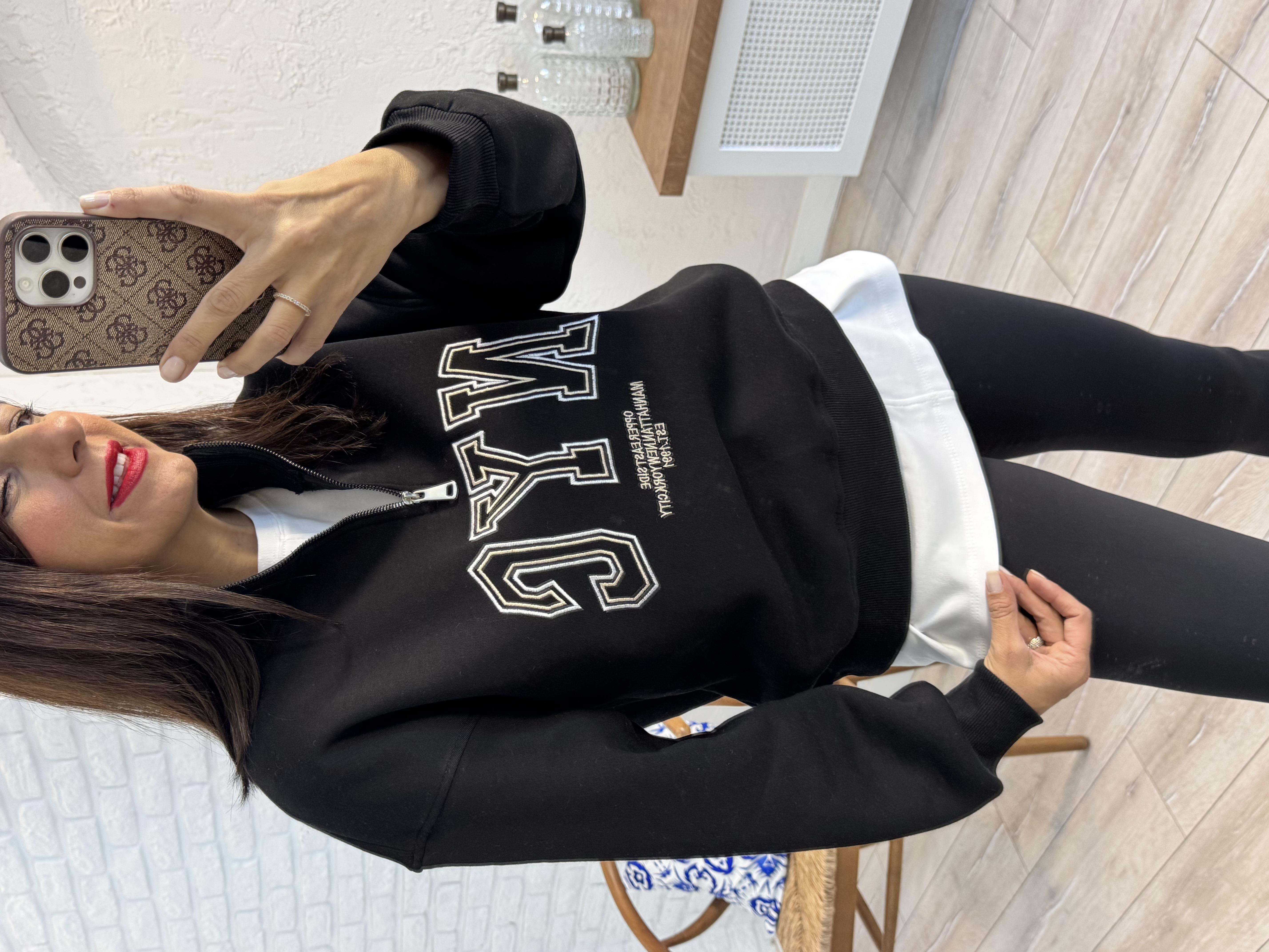 Nvc Nakışlı Ön Fermuarlı Sweat Siyah