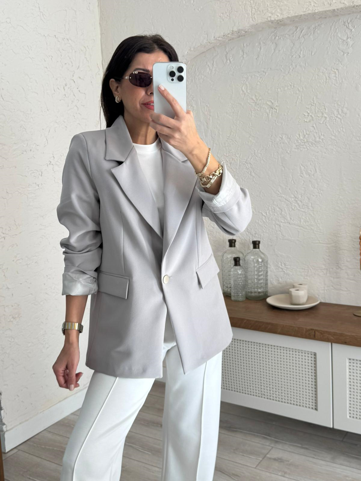Ön Düğmeli Klasik Blazer Ceket  Açık Gri