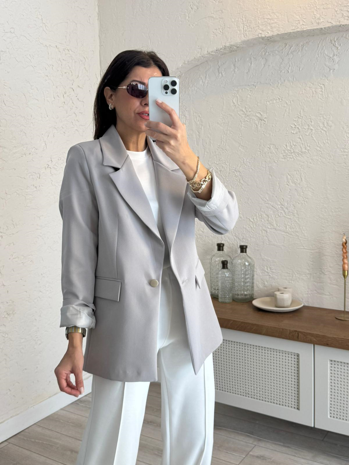 Ön Düğmeli Klasik Blazer Ceket  Açık Gri