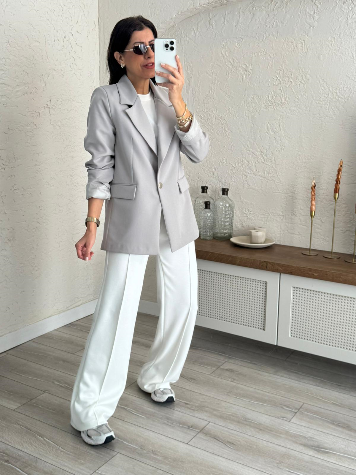 Ön Düğmeli Klasik Blazer Ceket  Açık Gri