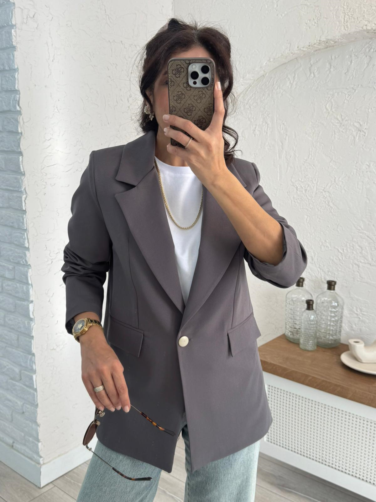 Ön Düğmeli Klasik Blazer Ceket  Gri