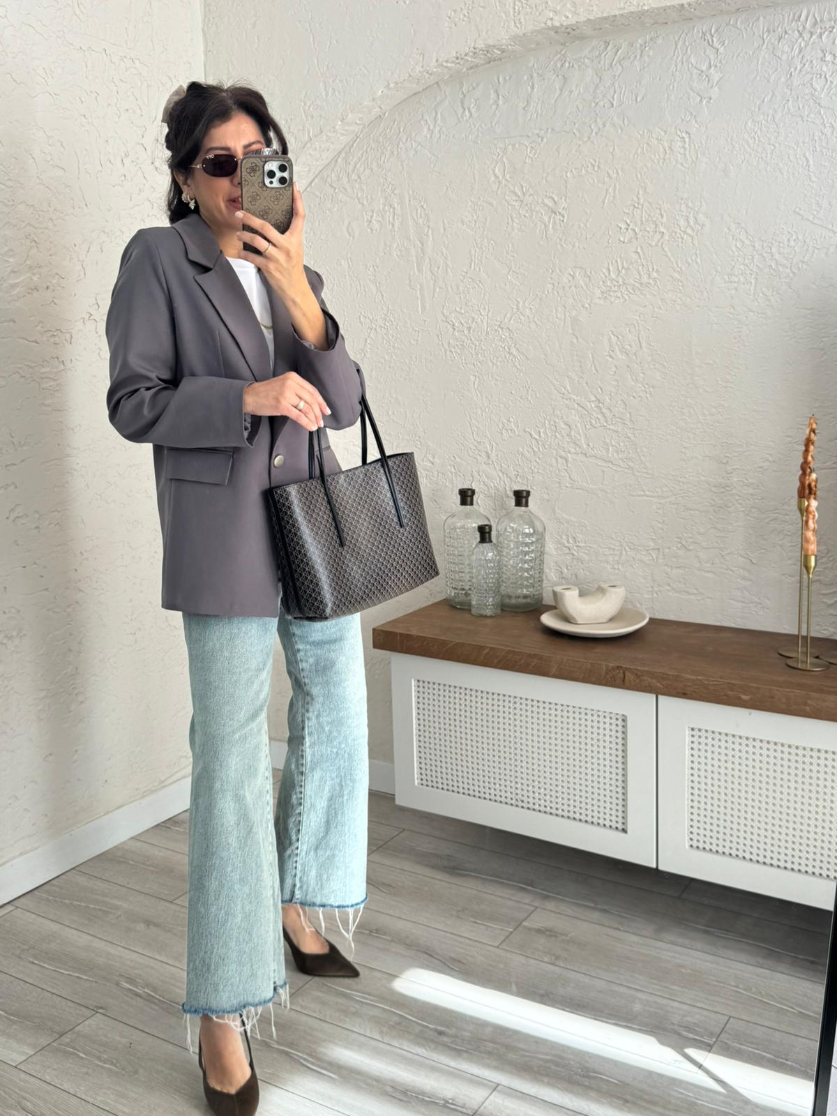 Ön Düğmeli Klasik Blazer Ceket  Gri