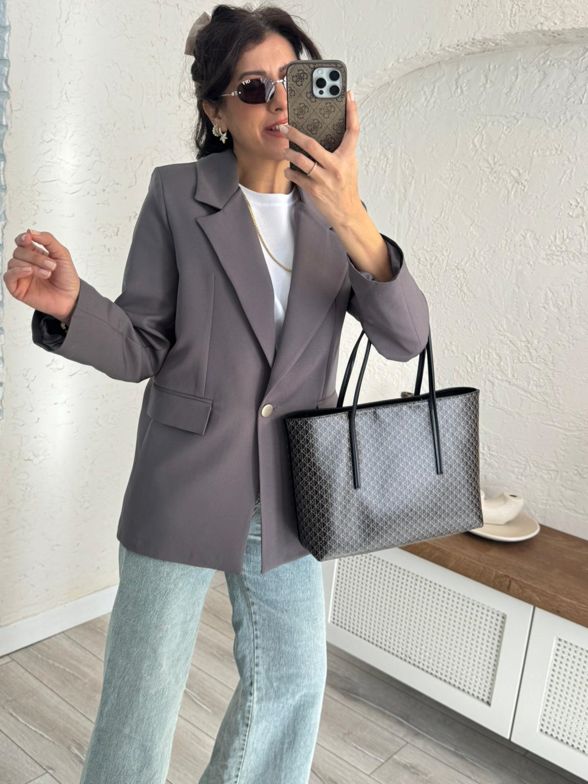 Ön Düğmeli Klasik Blazer Ceket  Gri