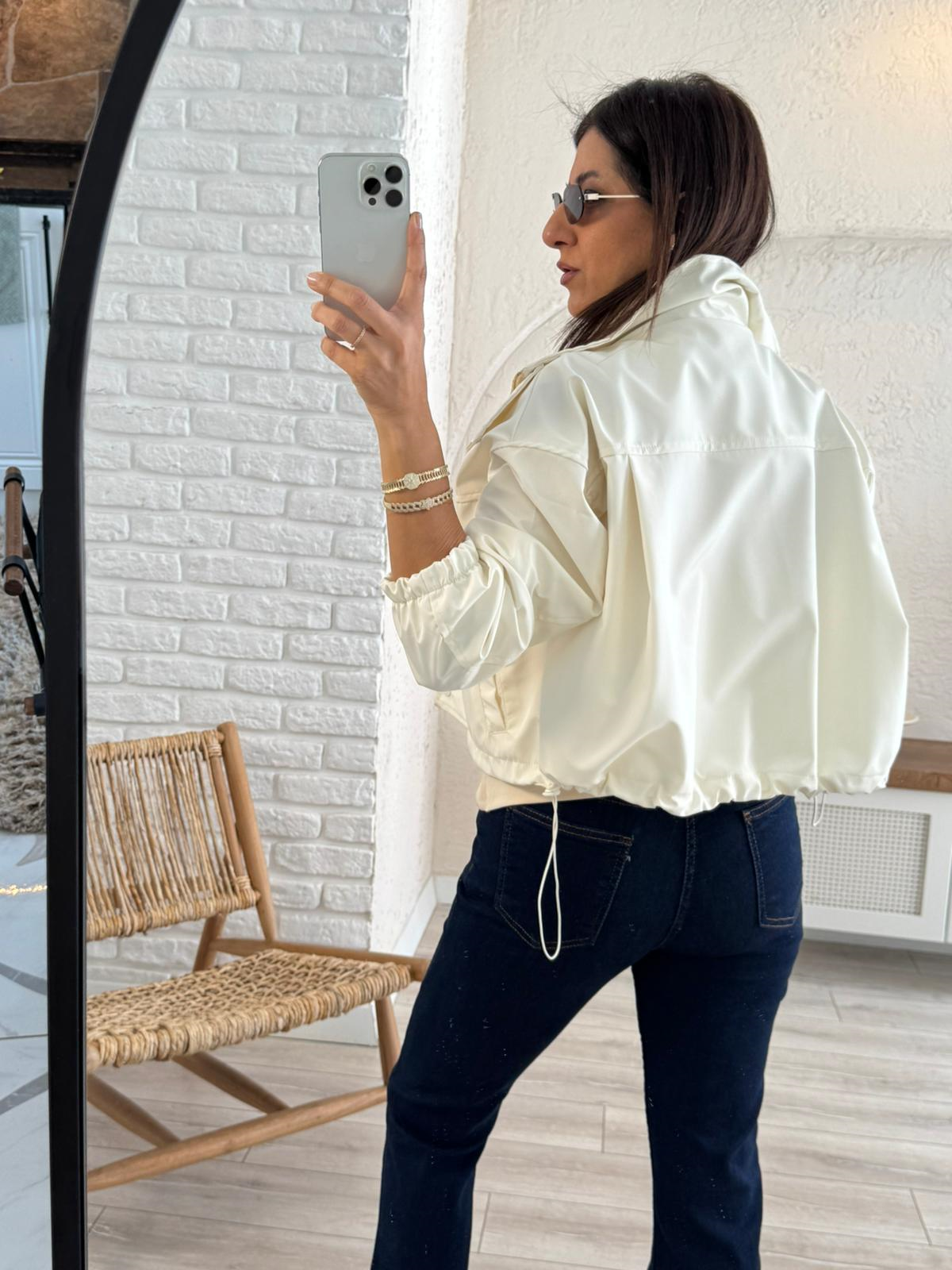 Ön Fermuarlı Çıtçıtlı Alt Lastik Detaylı Trenç Ekru