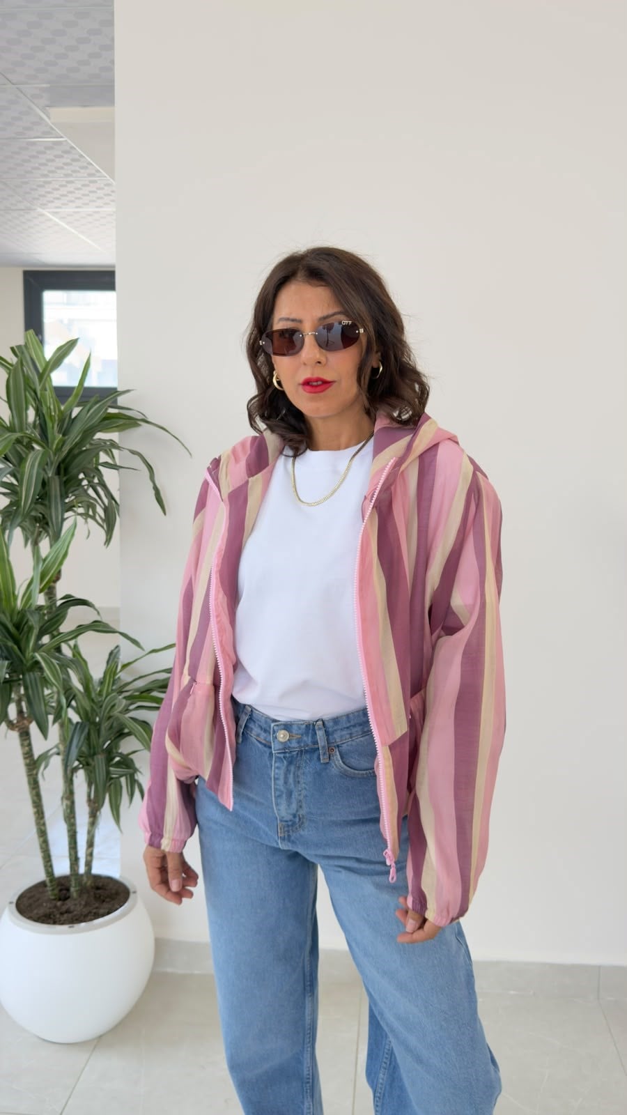 Ön Fermuarlı Kapüşonlu Bomber Yağmurluk Pembe-Bordo