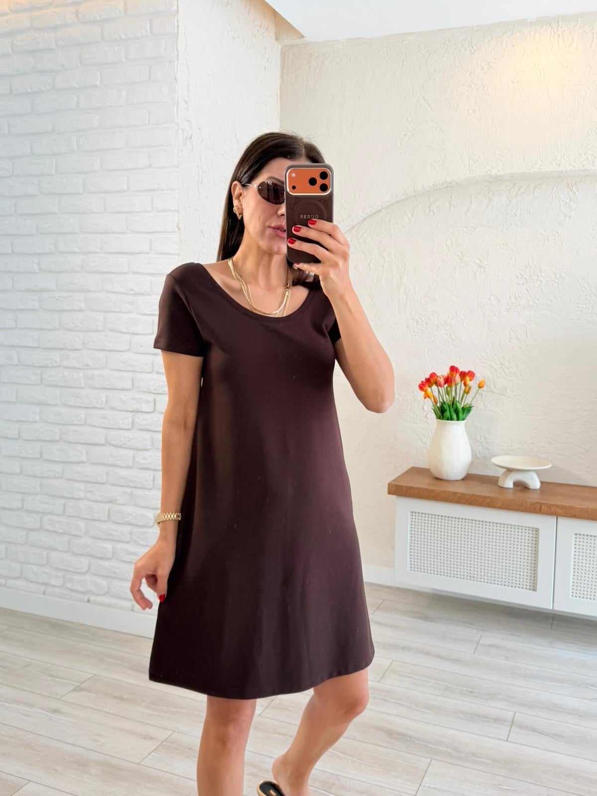 Ön U Arka V Yaka Modal Elbise Kahve