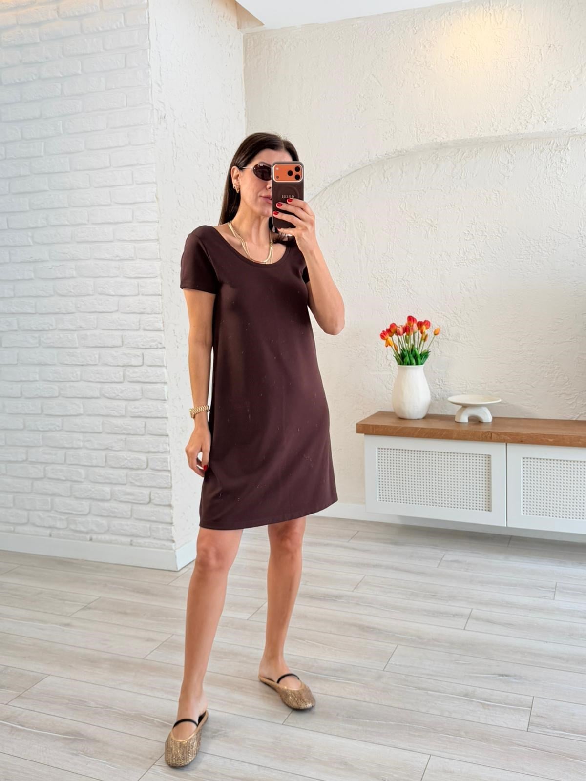 Ön U Arka V Yaka Modal Elbise Kahve