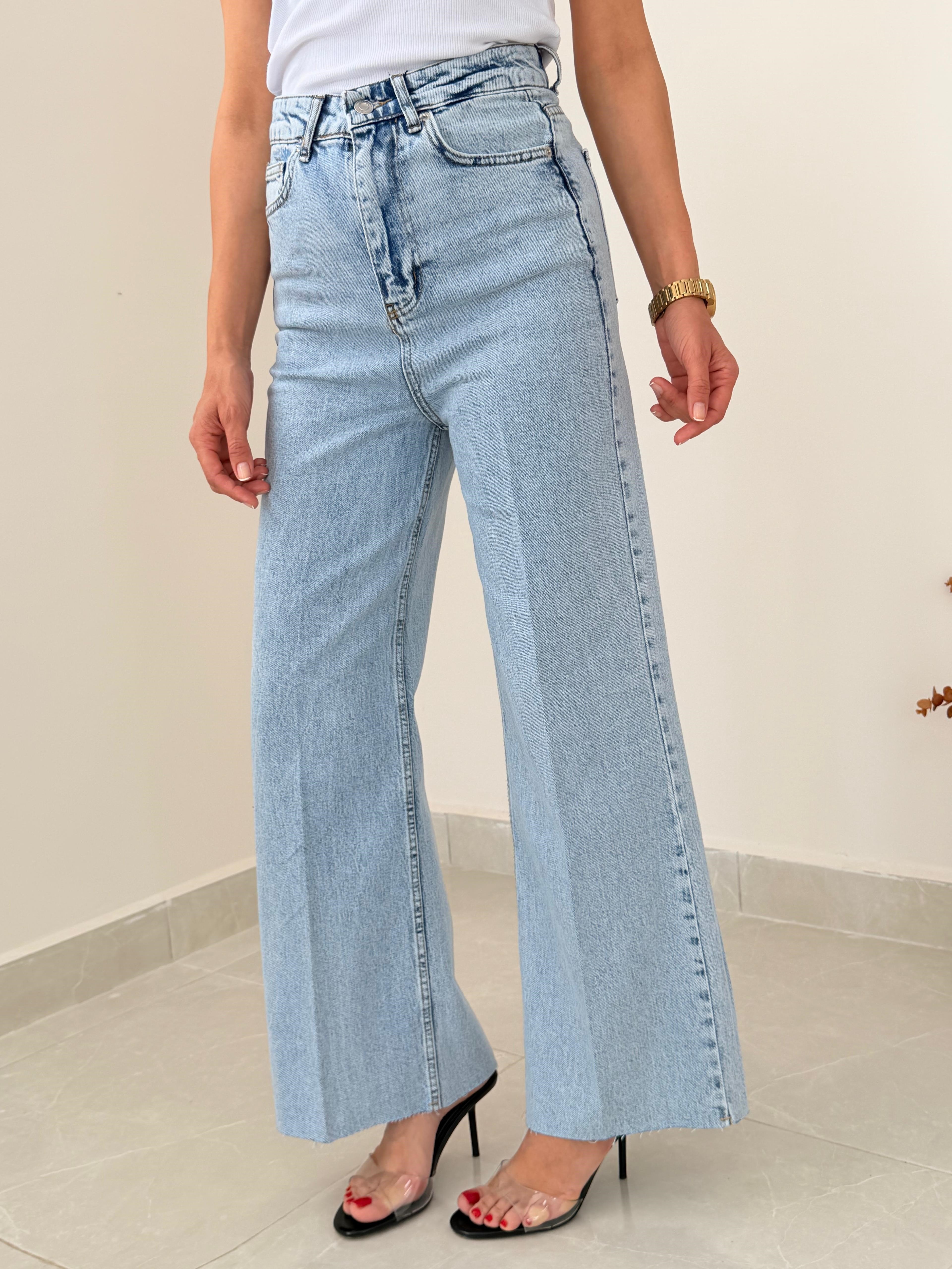 Önden Ütülü Paça Kesik Wide Leg Jean Buz Mavi 