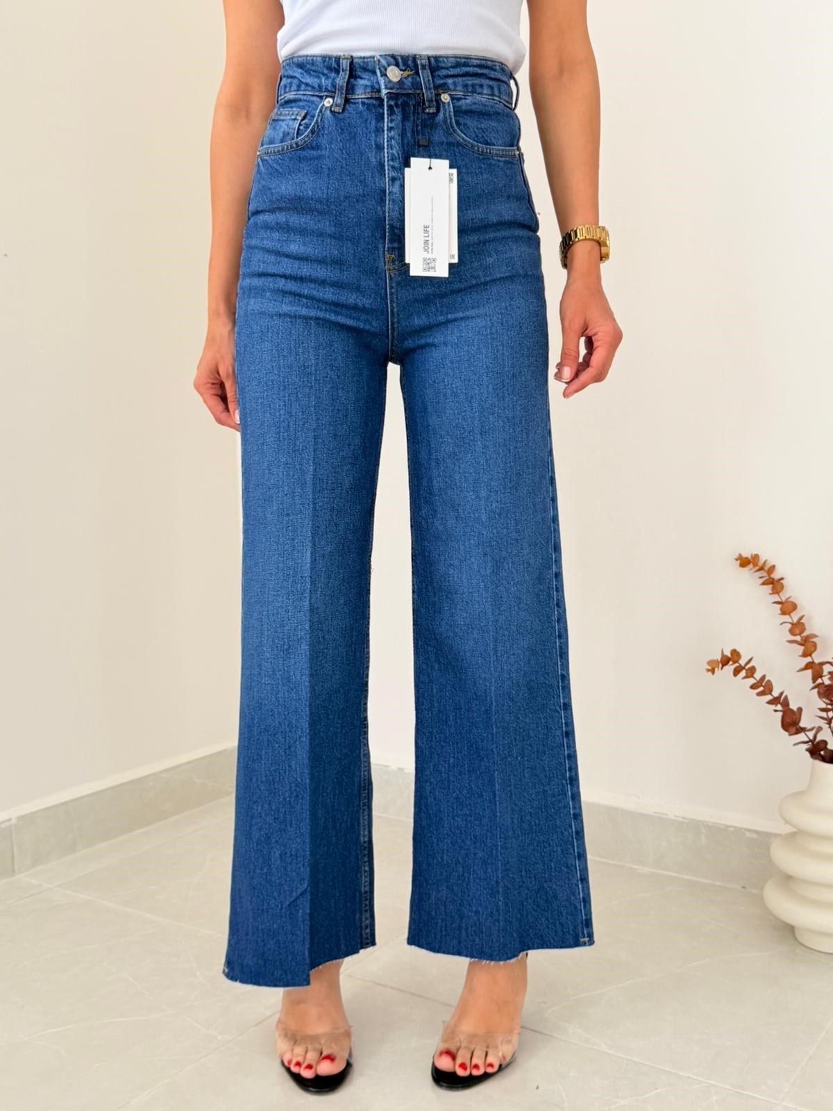 Önden Ütülü Paça Kesik Wide Leg Jean Koyu Mavi 