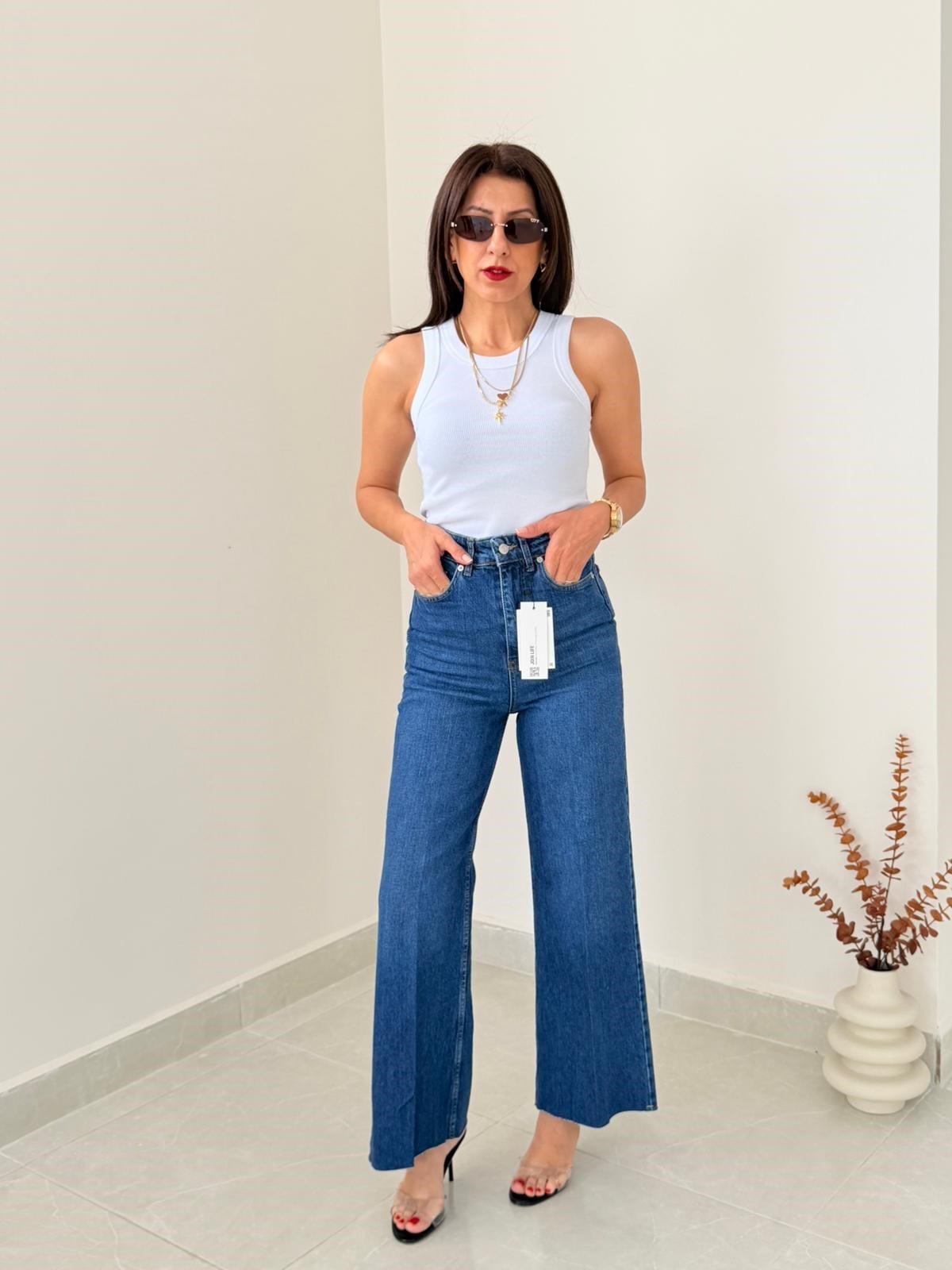 Önden Ütülü Paça Kesik Wide Leg Jean Koyu Mavi 
