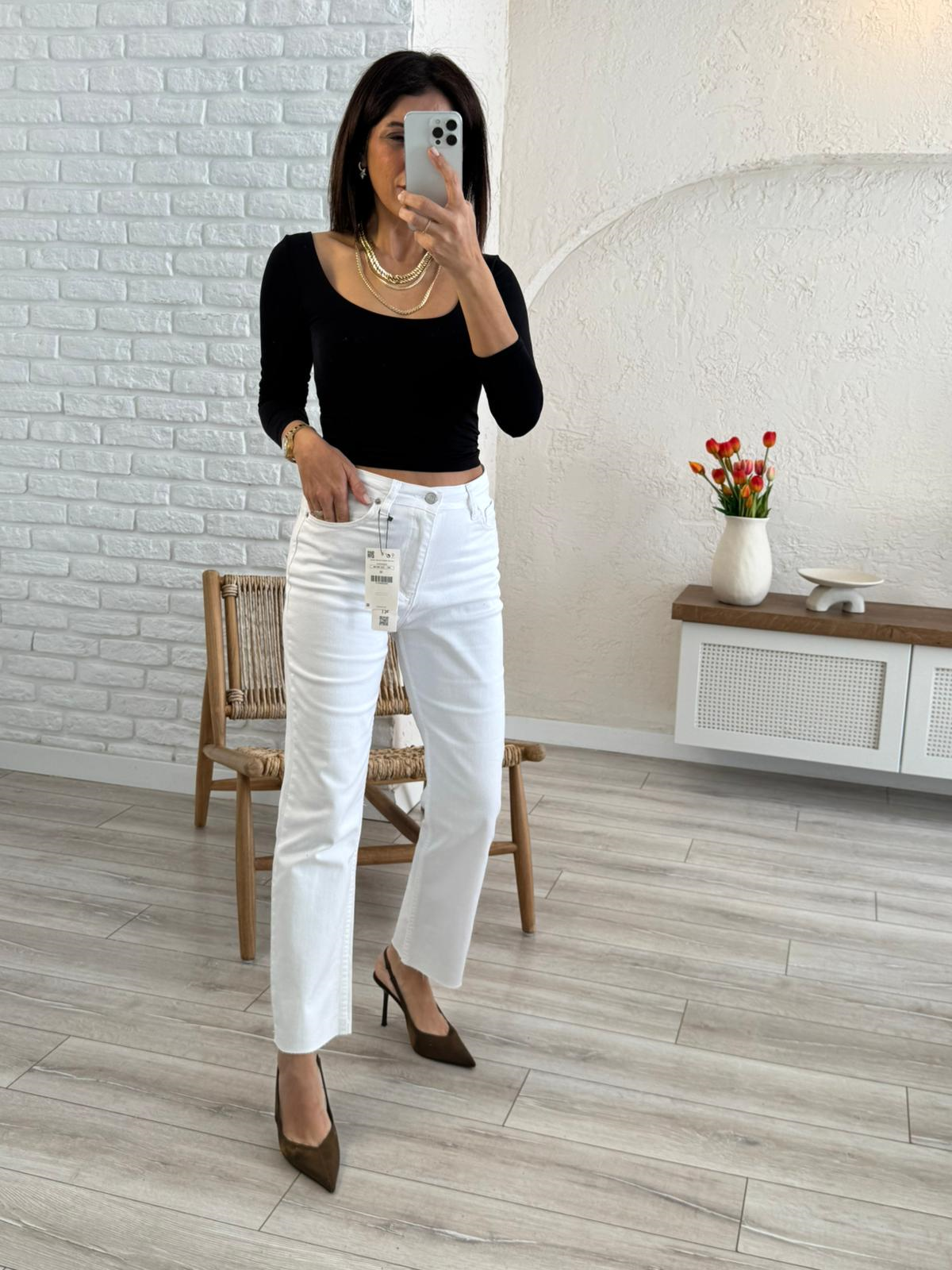 Premium Kalite Yüksek Bel Boyfit Jean Beyaz
