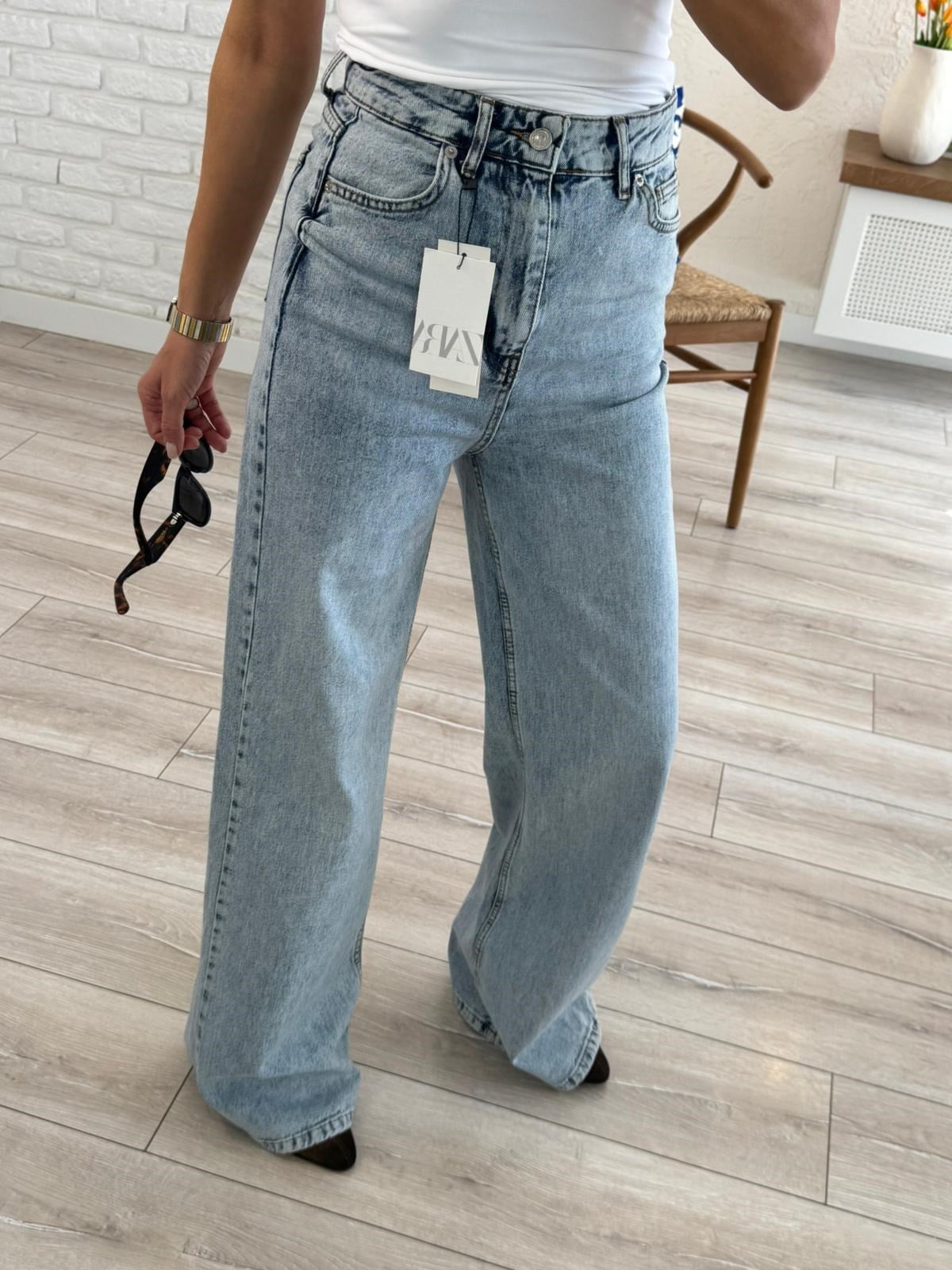 Premium Kalite Yüksek Bel Geniş Paça Jean Buz Mavi