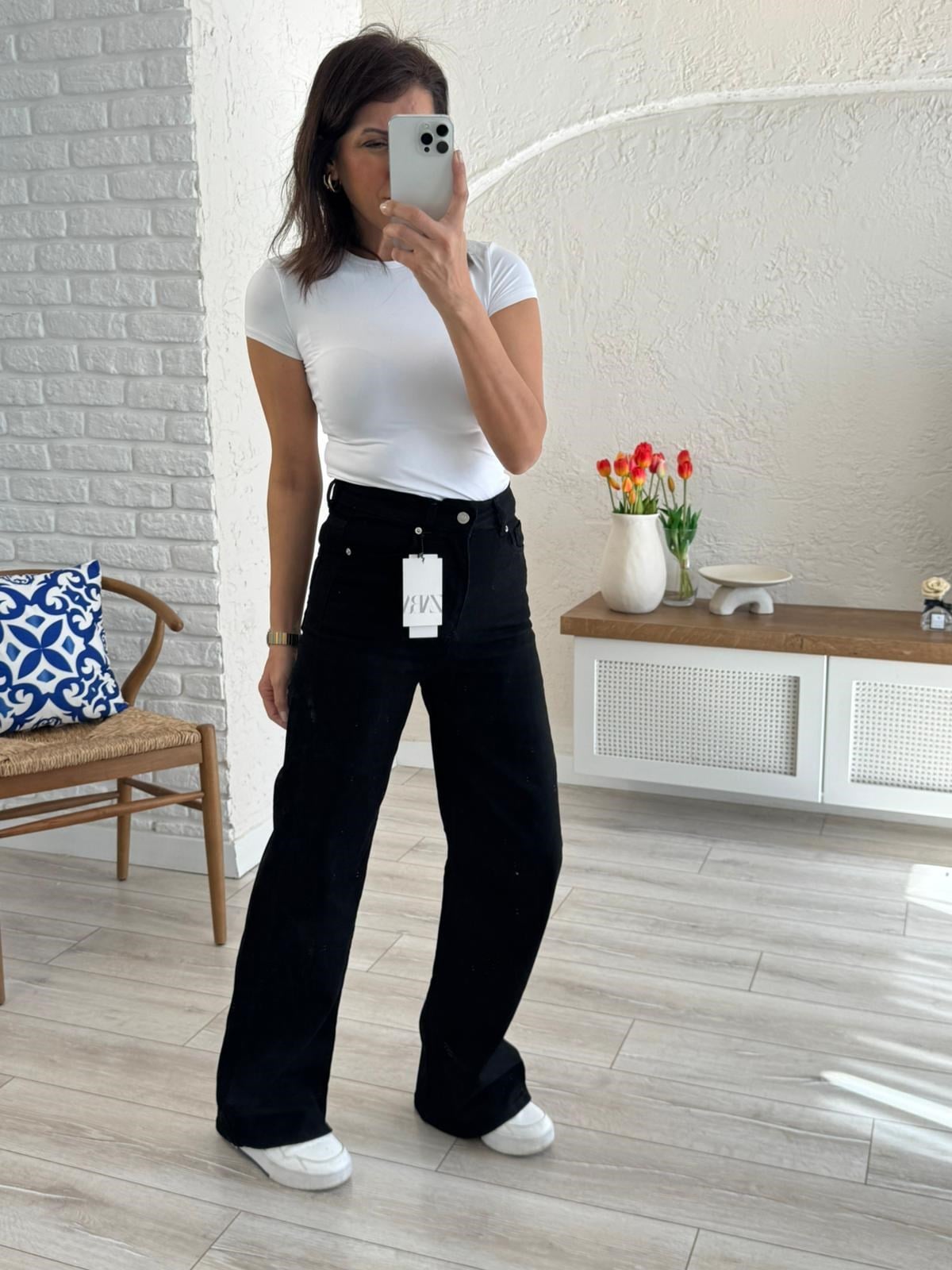 Premium Kalite Yüksek Bel Geniş Paça Jean Siyah