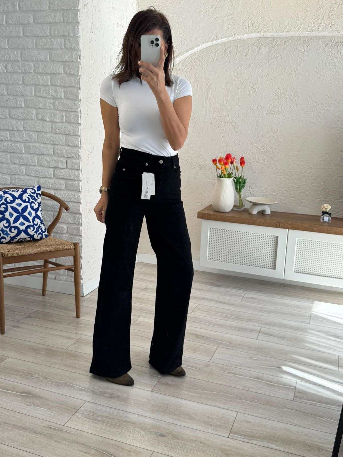 Premium Kalite Yüksek Bel Geniş Paça Jean Siyah
