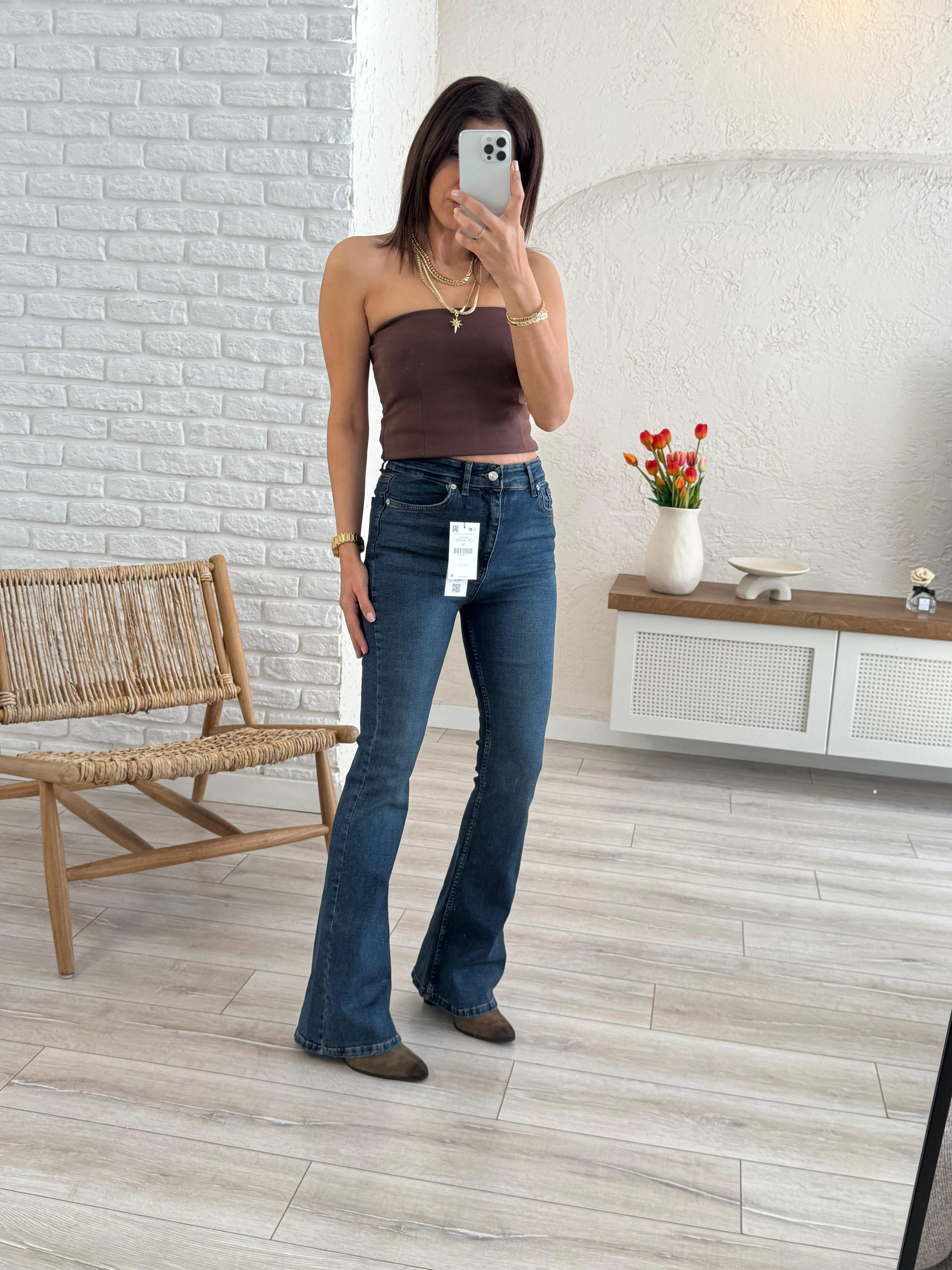 Premium Kalite Yüksek Bel İspanyol Paça Jean Tint Mavi