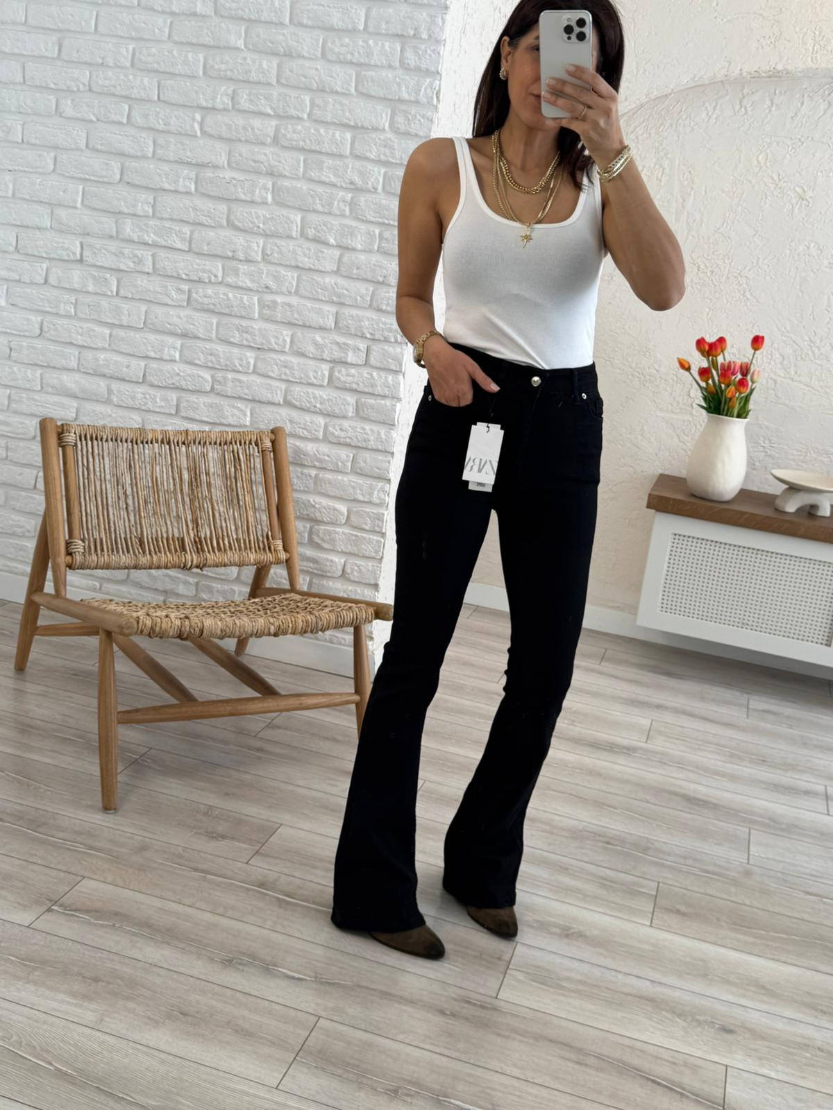 Premium Kalite Yüksek Bel İspanyol Paça Jean Siyah