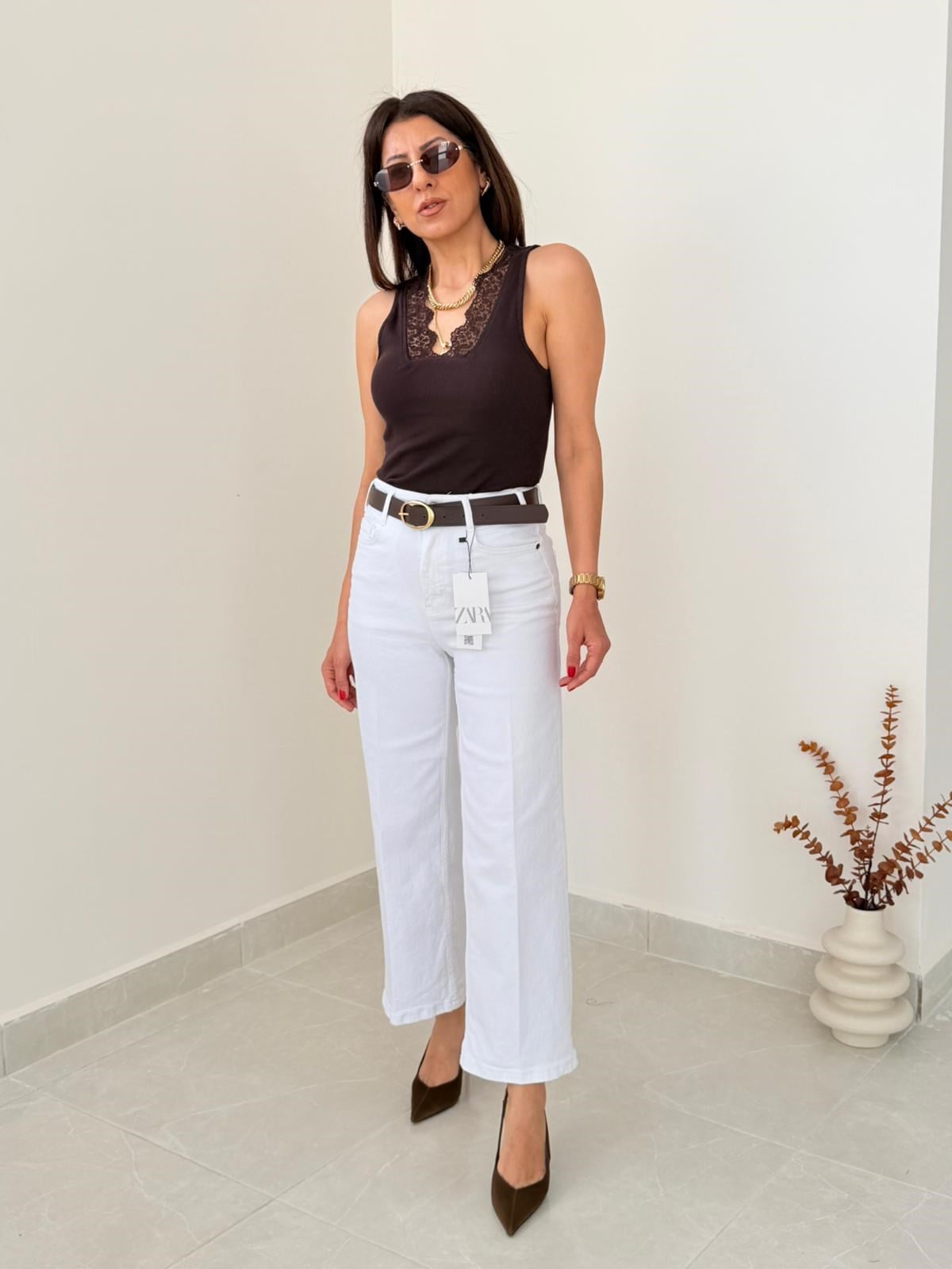 Premium Kalite Yüksek Bel Kemerli Wide Leg Jean Beyaz