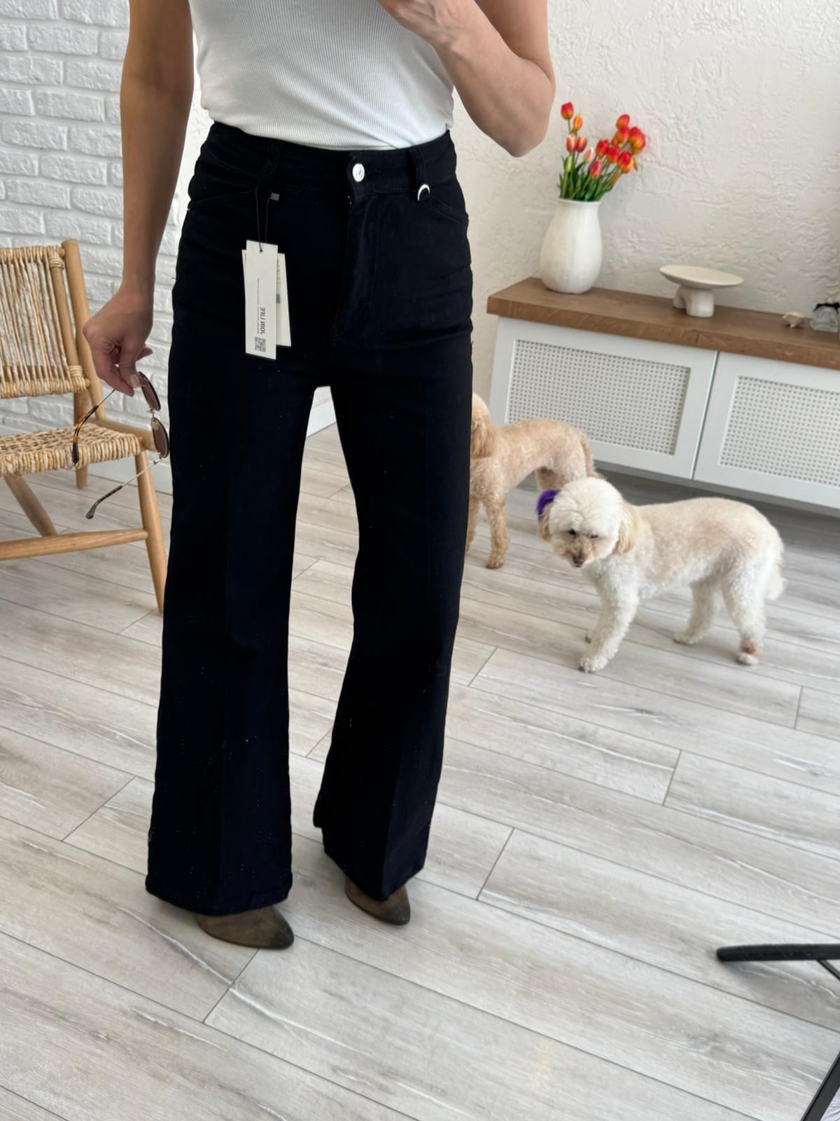 Premium Kalite Yüksek Bel Önden Ütülü Geniş Paça Jean Siyah