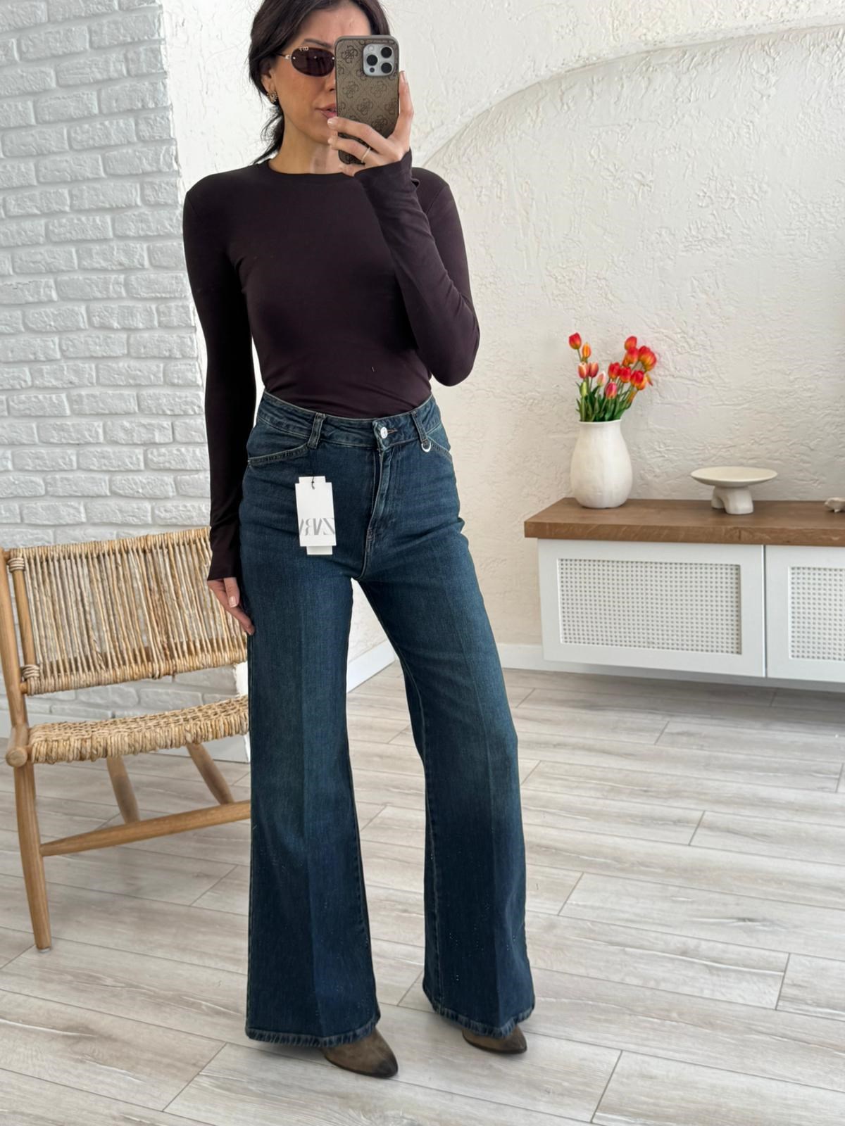 Premium Kalite Yüksek Bel Önden Ütülü Geniş Paça Jean Tint