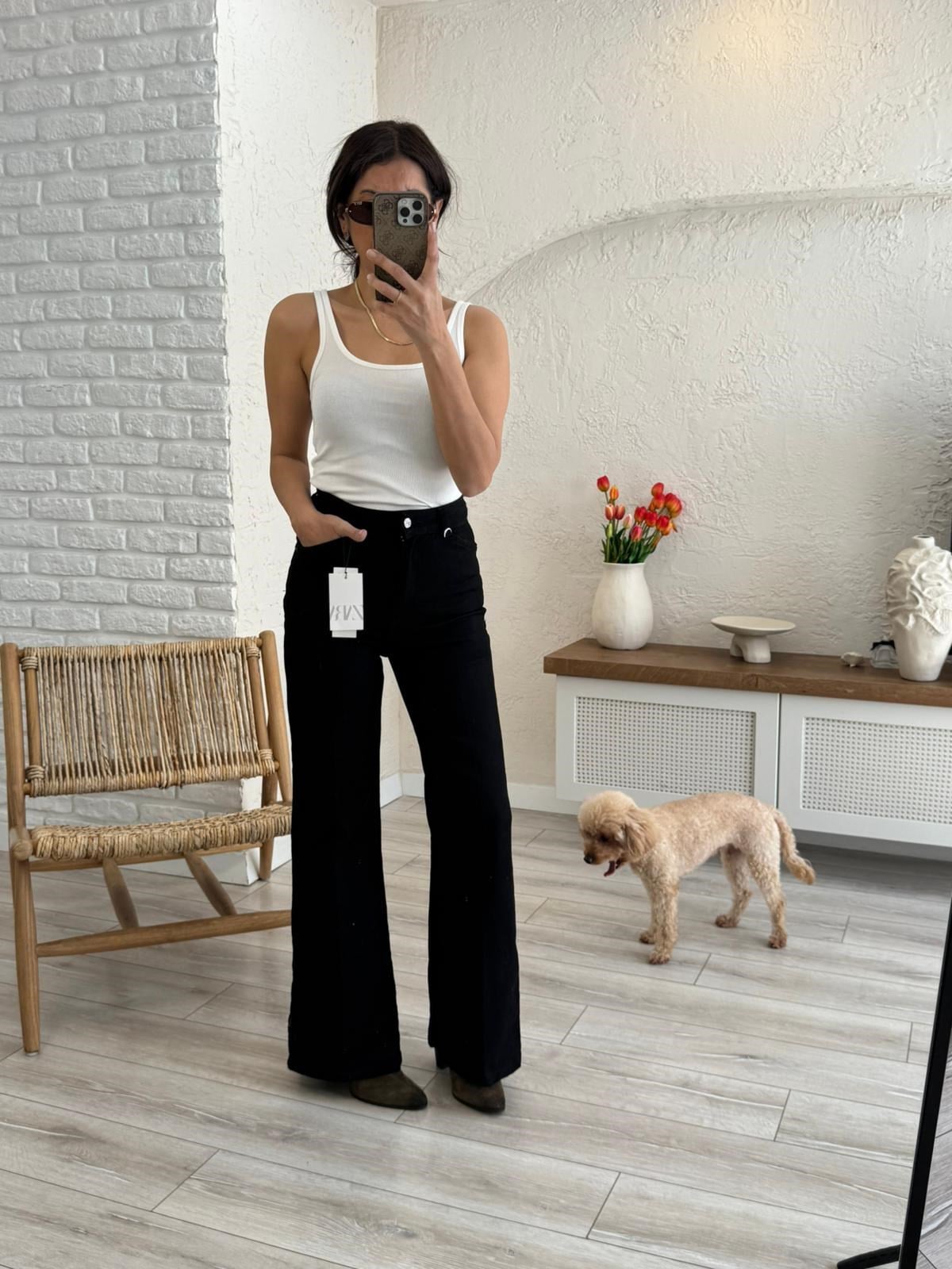 Premium Kalite Yüksek Bel Önden Ütülü Geniş Paça Jean Siyah